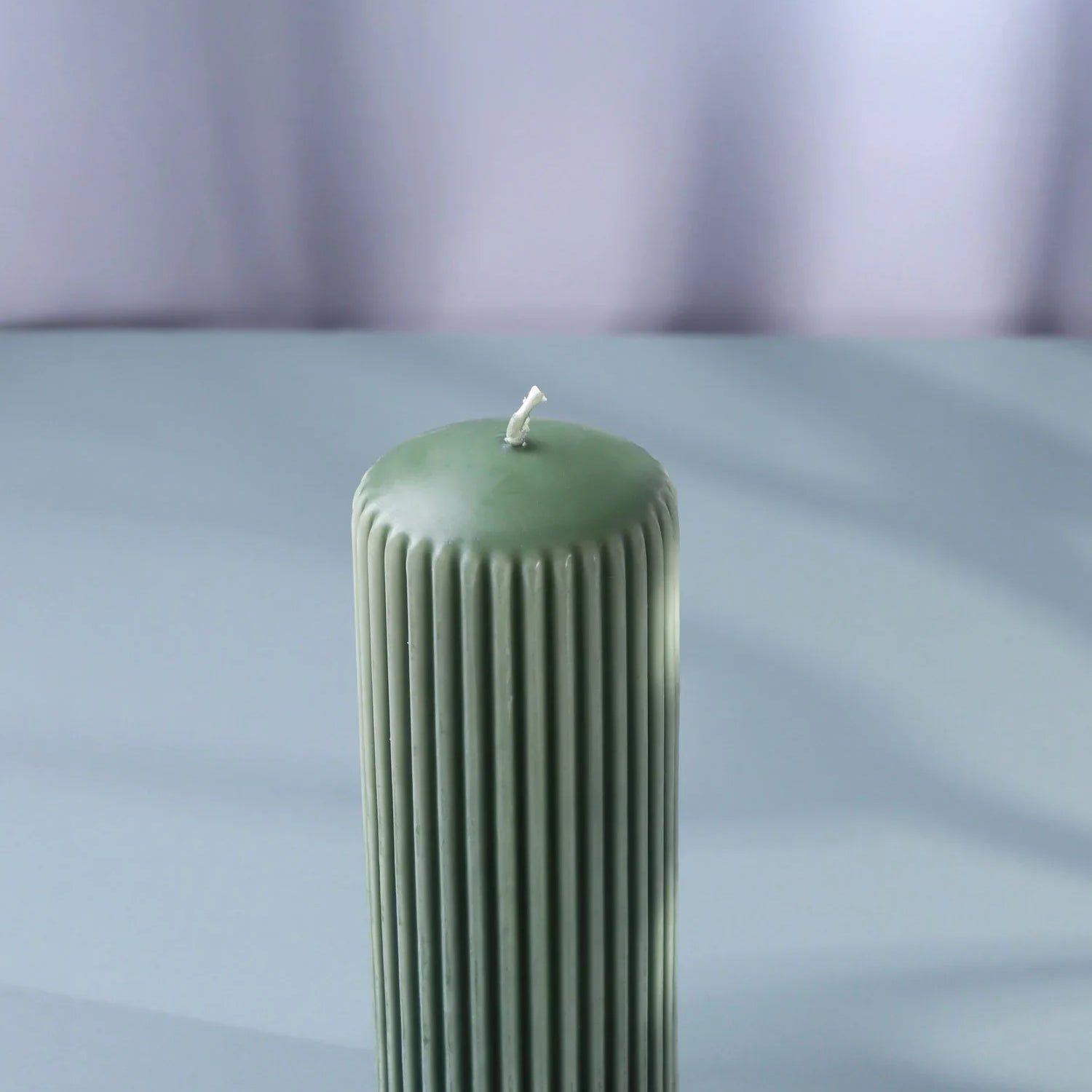 Velluto Oliva Sculpted Olive Green Ribbed Pillar Candle in a Velvet Matte Finish - G Decor