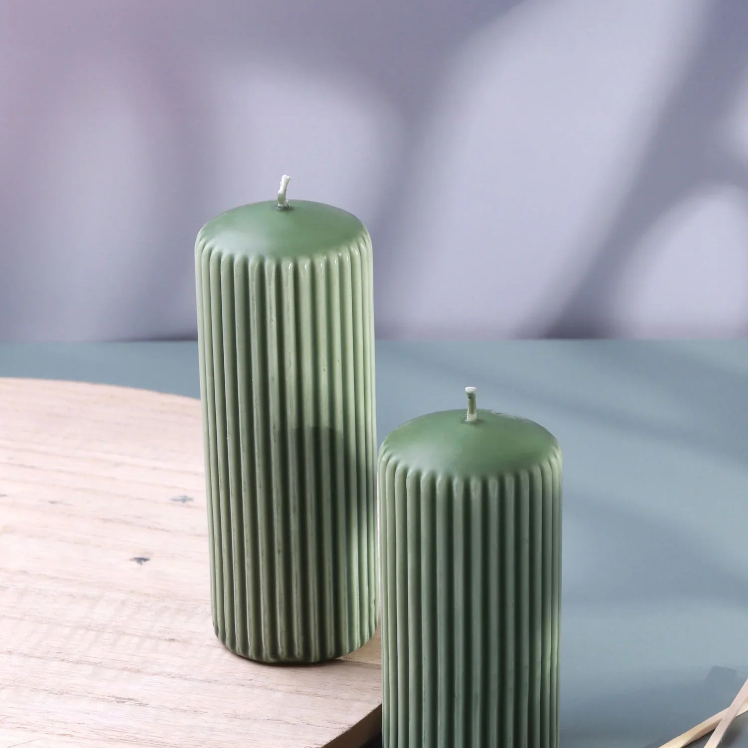Velluto Oliva Sculpted Olive Green Ribbed Pillar Candle in a Velvet Matte Finish - G Decor
