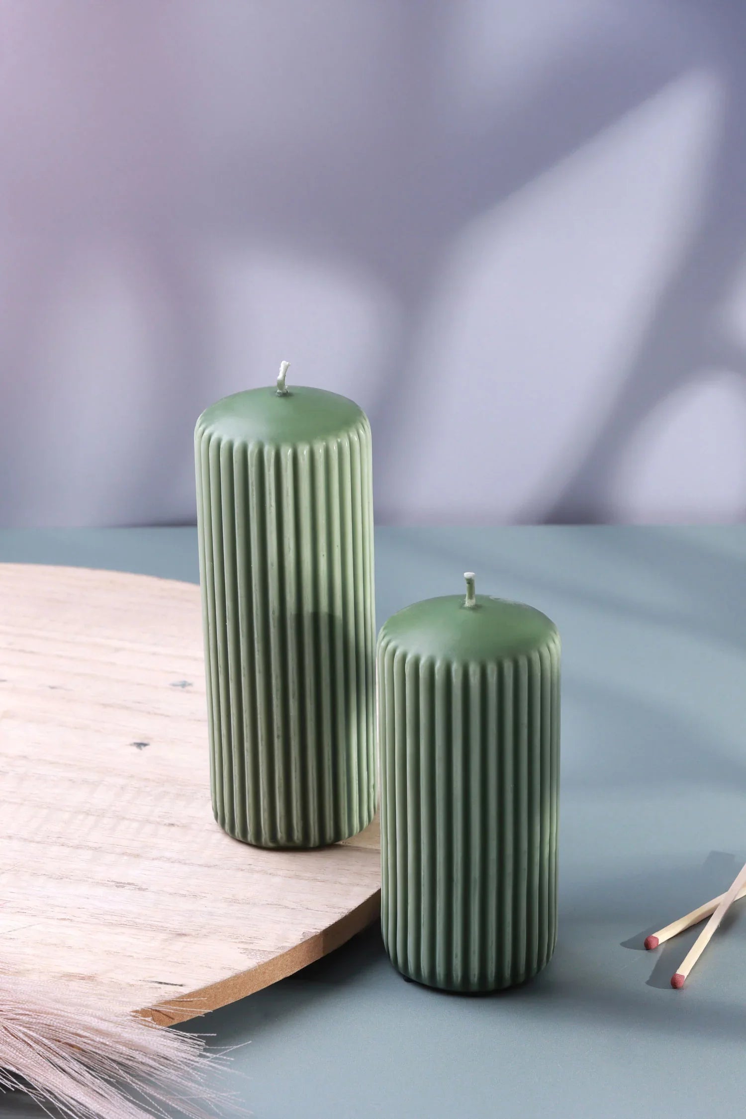Velluto Oliva Sculpted Olive Green Ribbed Pillar Candle in a Velvet Matte Finish - G Decor