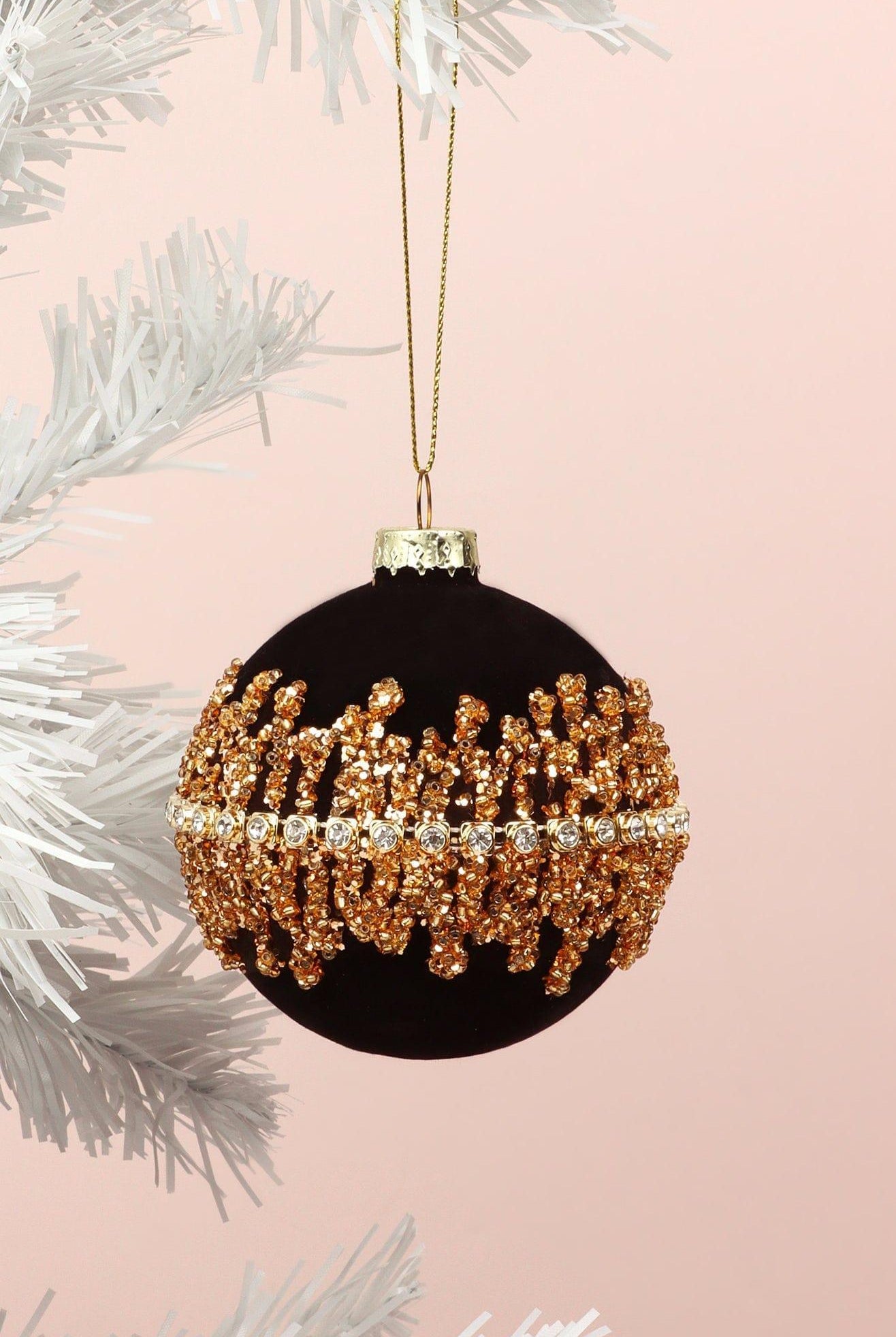 Velvet Black Manor Winter Legend Bauble Gold Net Hand-Applied & Gemstone Hanging Christmas Ornament - G Decor