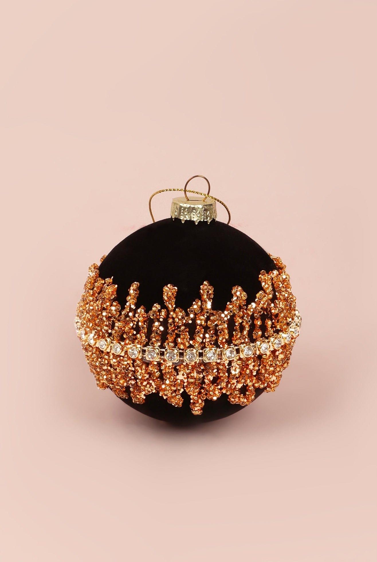 Velvet Black Manor Winter Legend Bauble Gold Net Hand-Applied & Gemstone Hanging Christmas Ornament - G Decor
