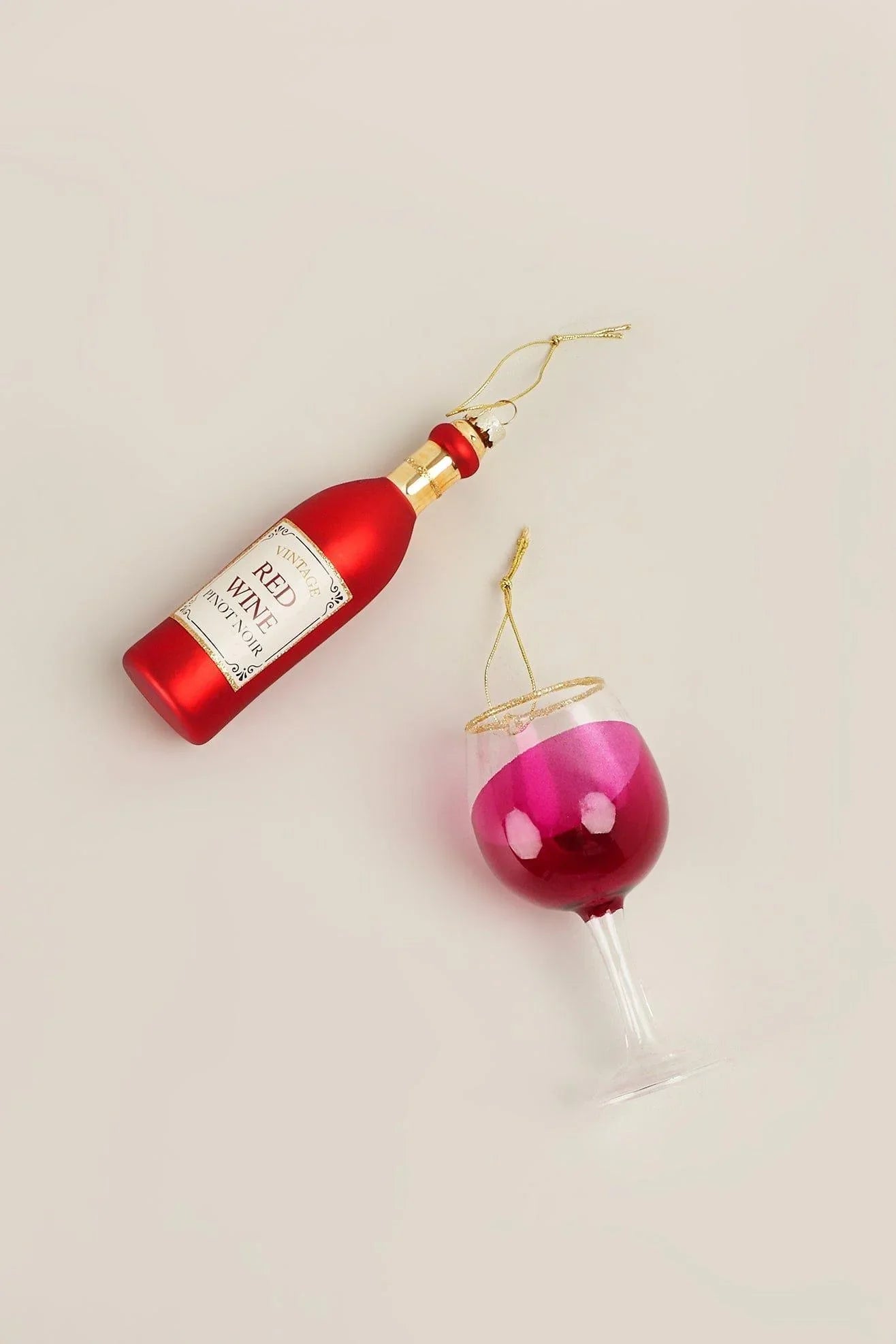 Vino Celebration Red Wine Bottle and Glass Christmas Tree Baubles — close-up view, G Decor