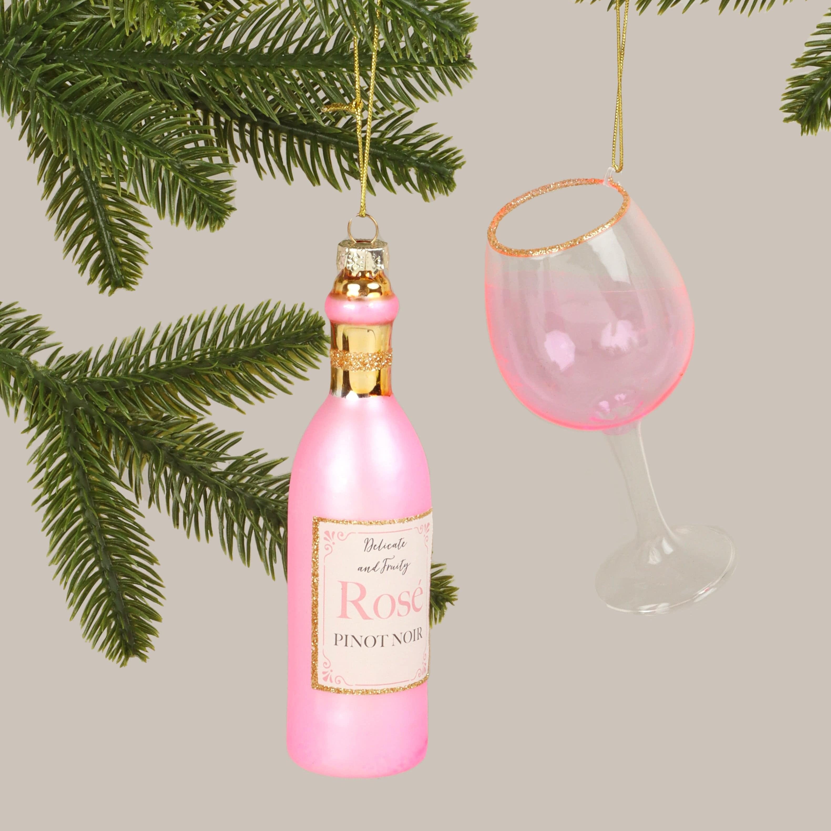 Vino Celebration Set of Rosé Wine Bottle & Glass Hand-Finished Christmas Tree Decorations Festive Hanging Ornaments - G Decor