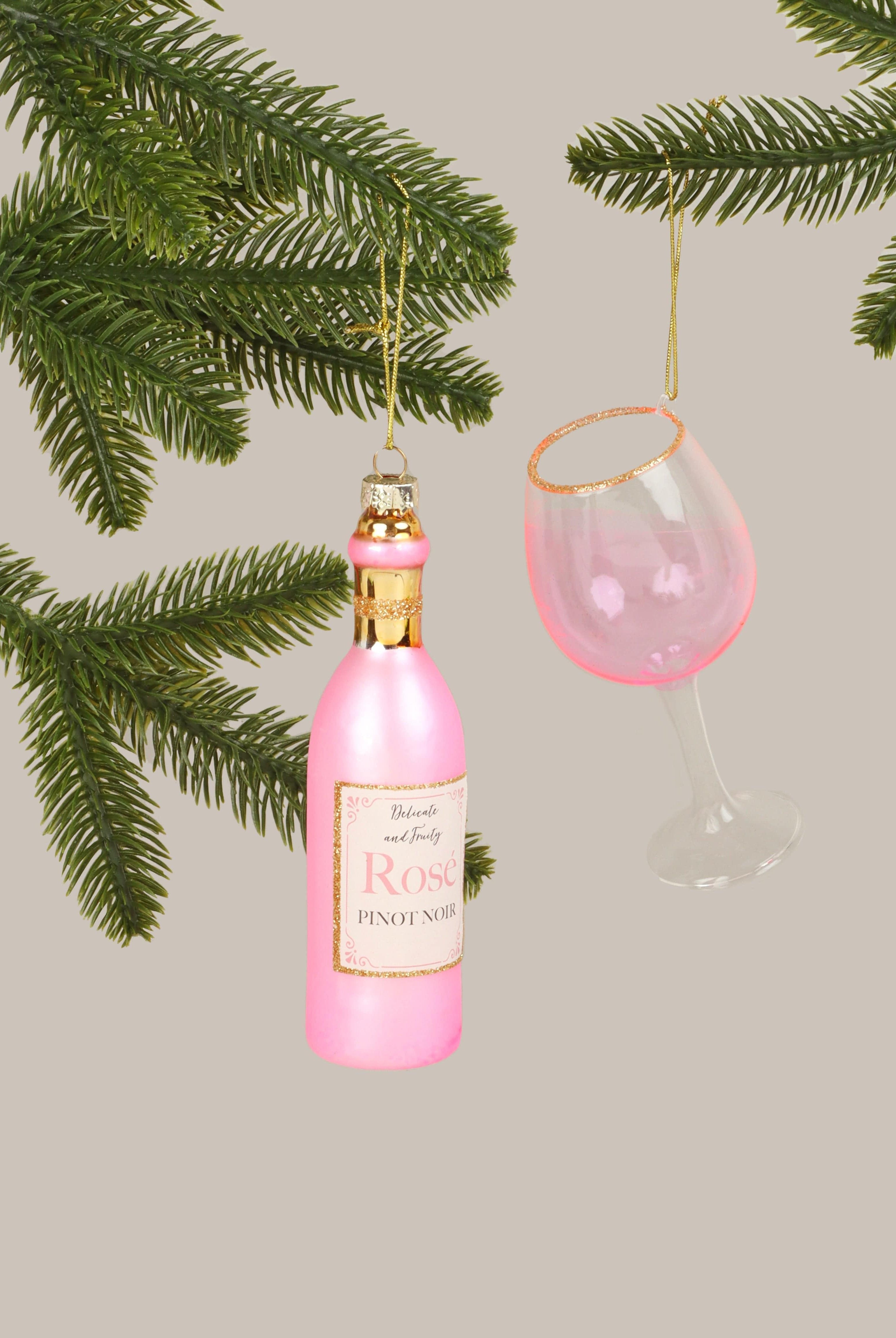 Vino Celebration Set of Rosé Wine Bottle & Glass Hand-Finished Christmas Tree Decorations Festive Hanging Ornaments - G Decor