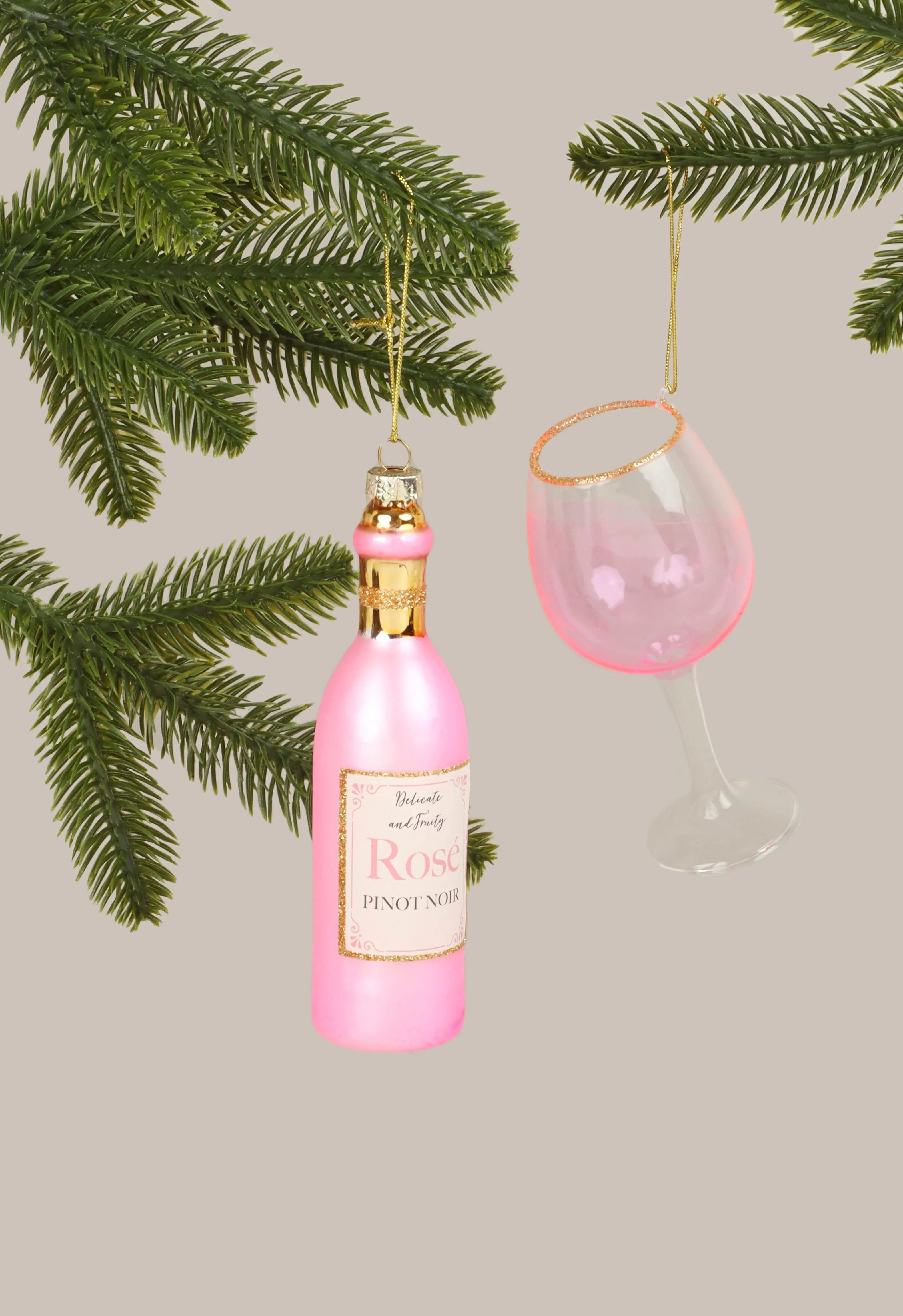 vino-celebration-set-of-rose-wine-bottle-and-glass-hand-finished-christmas-tree-decorations-festive-hanging-ornaments-g-decor-37289 - G Decor