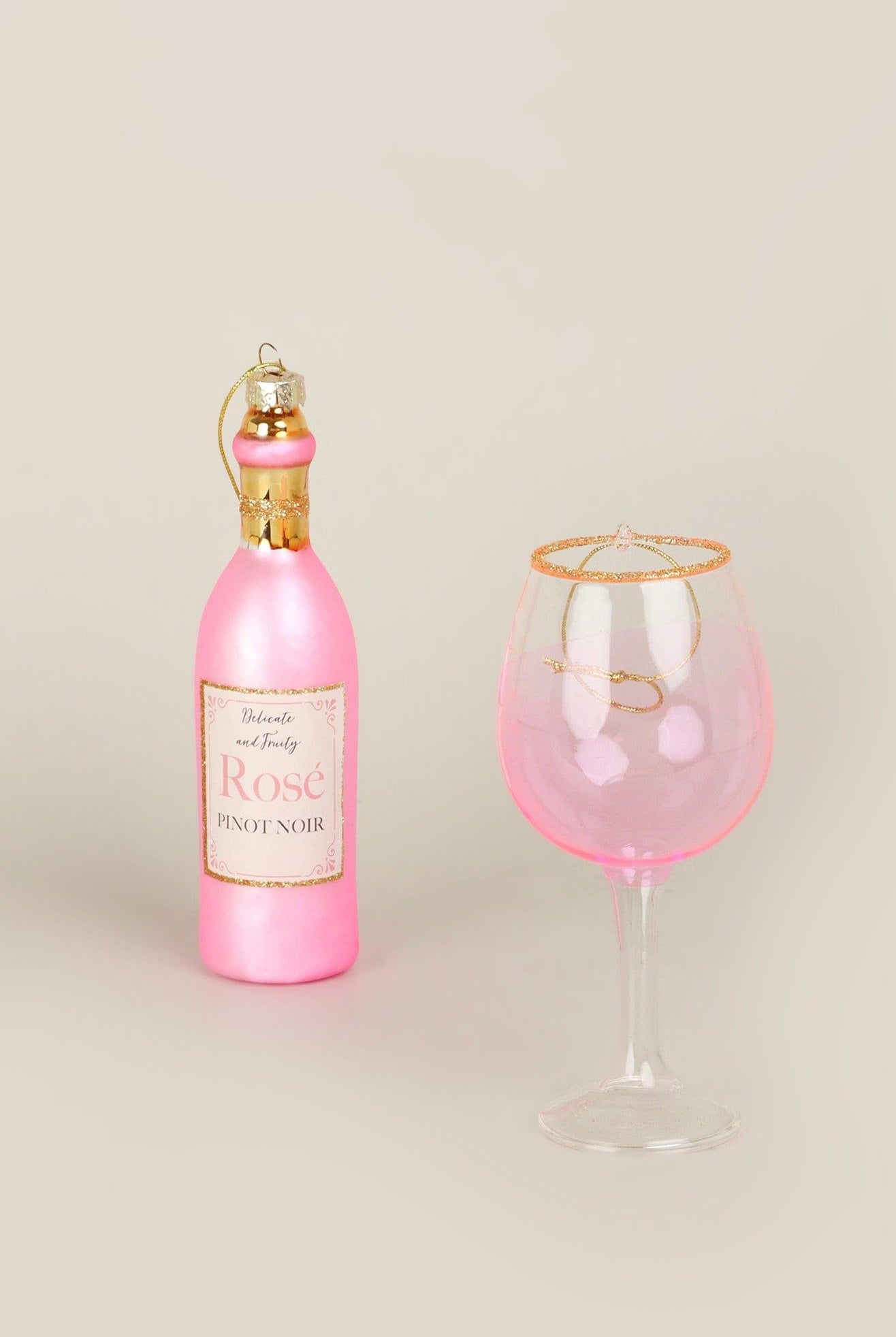 Vino Celebration Set of Rosé Wine Bottle & Glass Hand-Finished Christmas Tree Decorations Festive Hanging Ornaments - G Decor