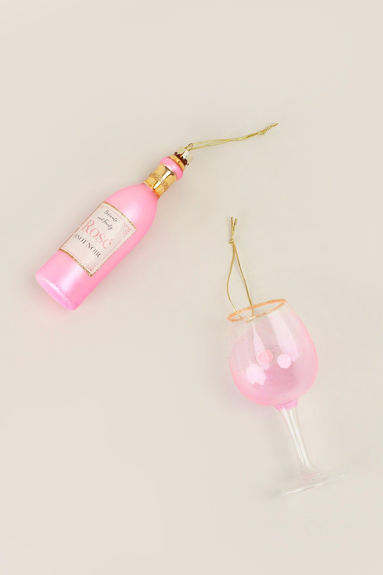 Vino Celebration Set of Rosé Wine Bottle & Glass Hand-Finished Christmas Tree Decorations Festive Hanging Ornaments - G Decor