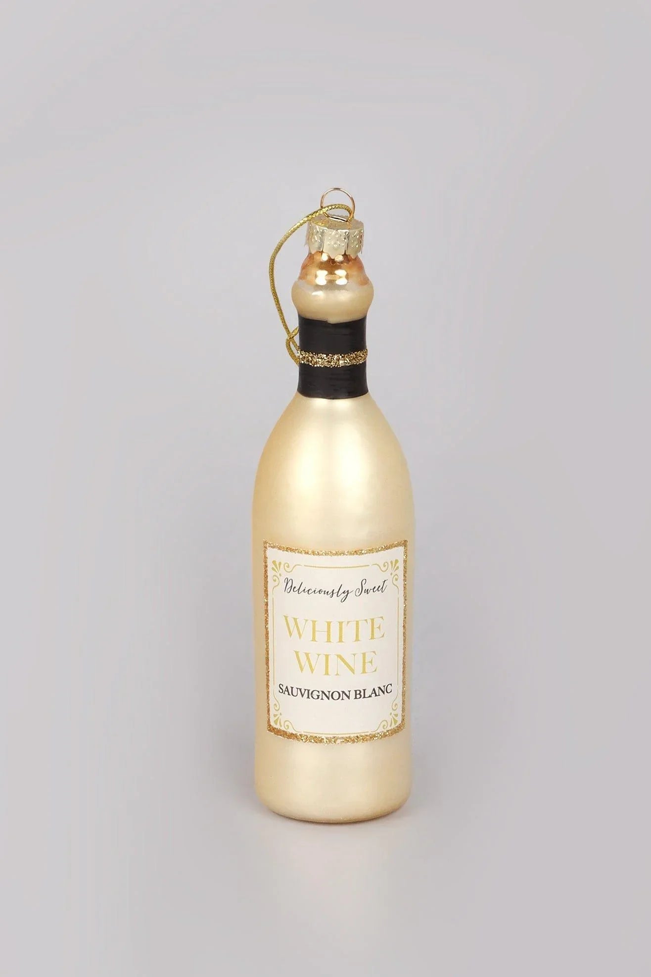 Vino Celebration White Wine Bottle and Glass Christmas Tree Baubles — close-up view, G Decor