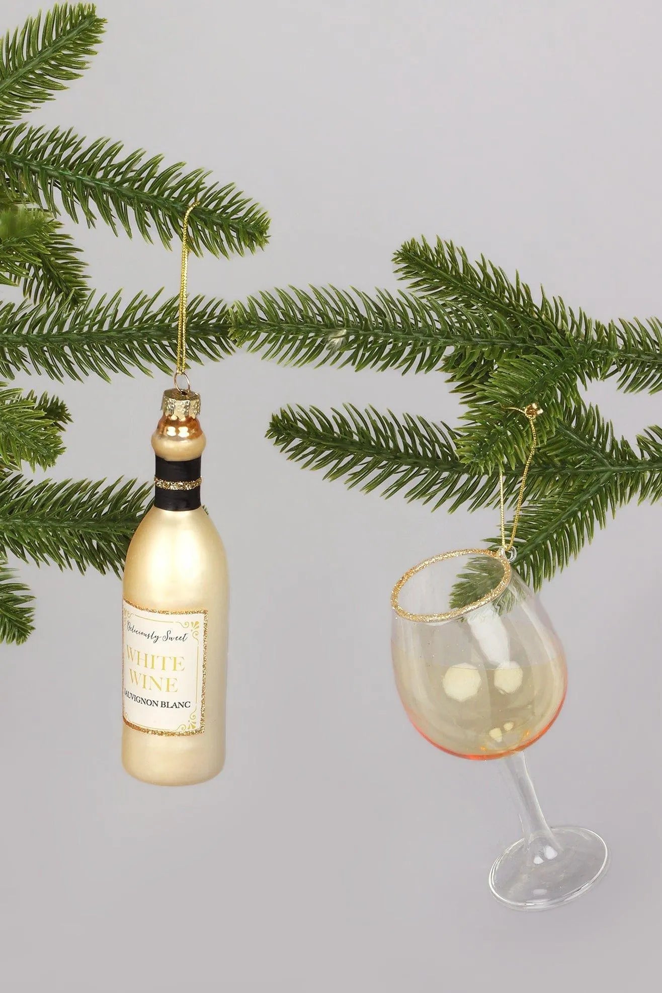 Vino Celebration White Wine Bottle and Glass Christmas Tree Baubles — G Decor