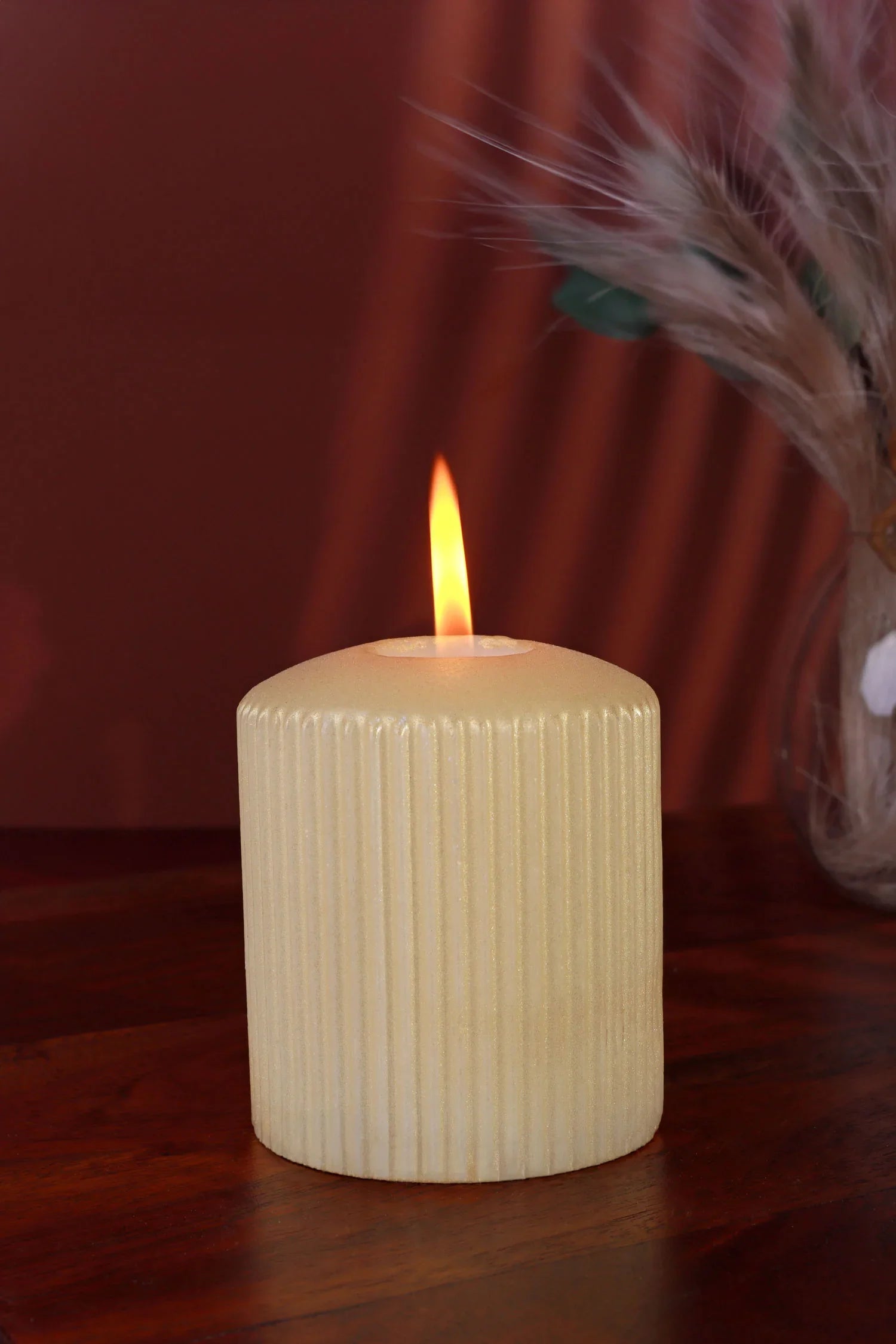 Vellure Ribbed Pillar Candle in Sandstone Yellow — close-up view, G Decor