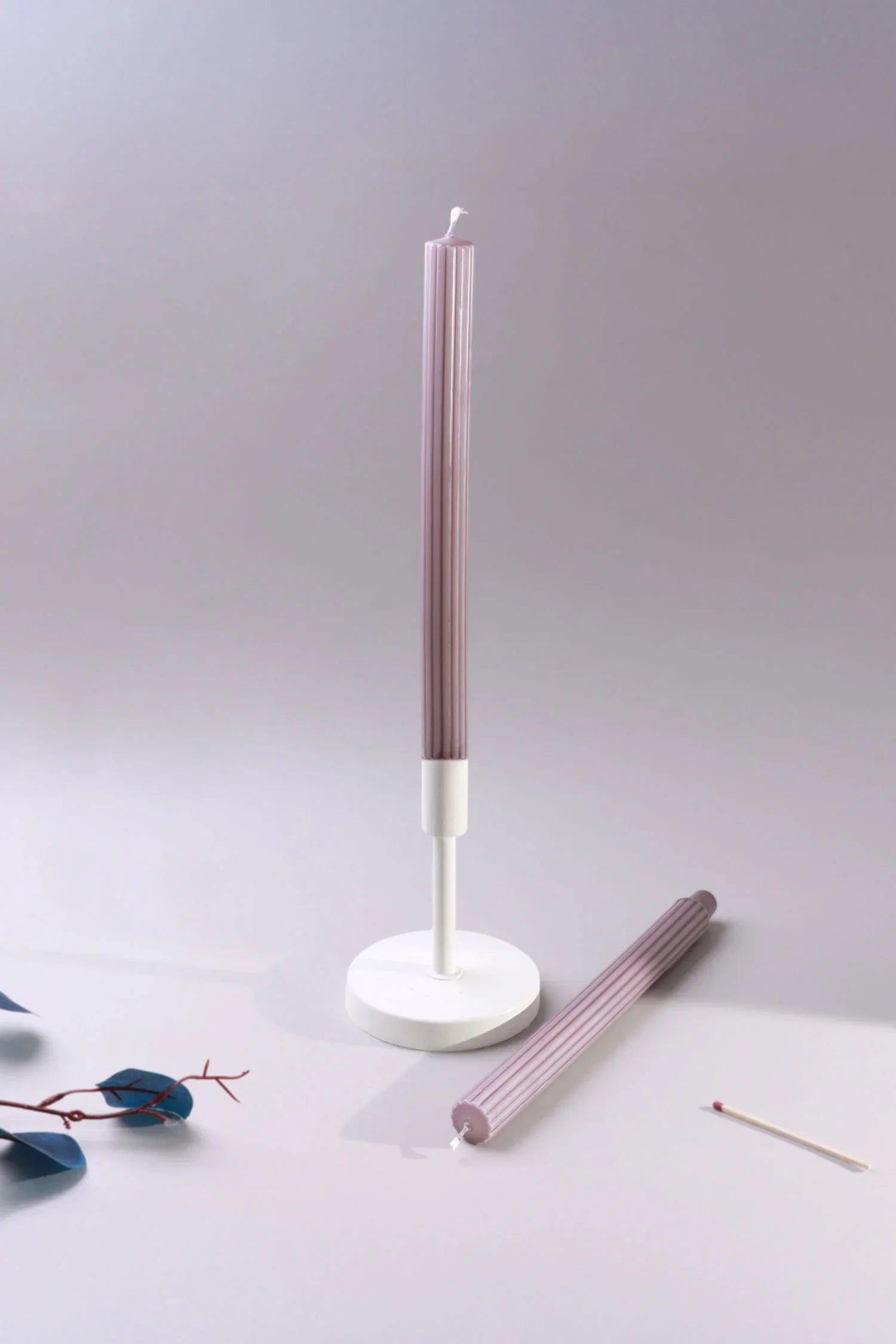 Velluto Prugna Profonda Pair of Deep Plum Ribbed Velvet Taper Candles — alternate view, G Decor