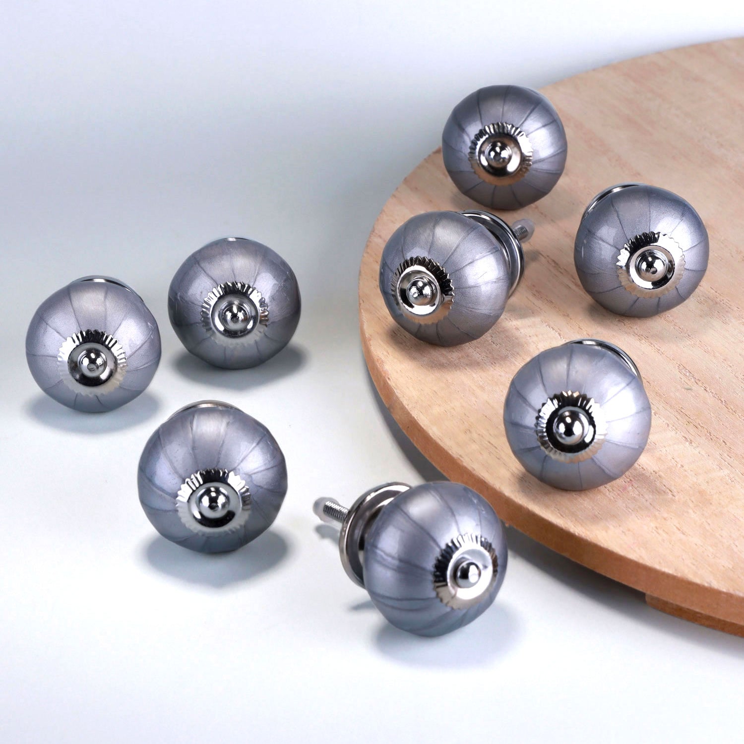Set of 8 Hand-Painted Silver Bloom Grey Ceramic Door Knobs