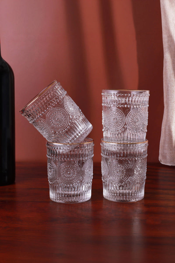 Dario Vintage Sunflower Embossed Tumblers with Gold Rim — Set of 4