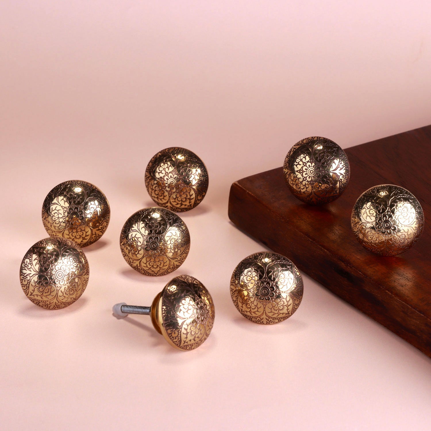 Set of 8 Mughal Floral Engraved Brass Door Knobs