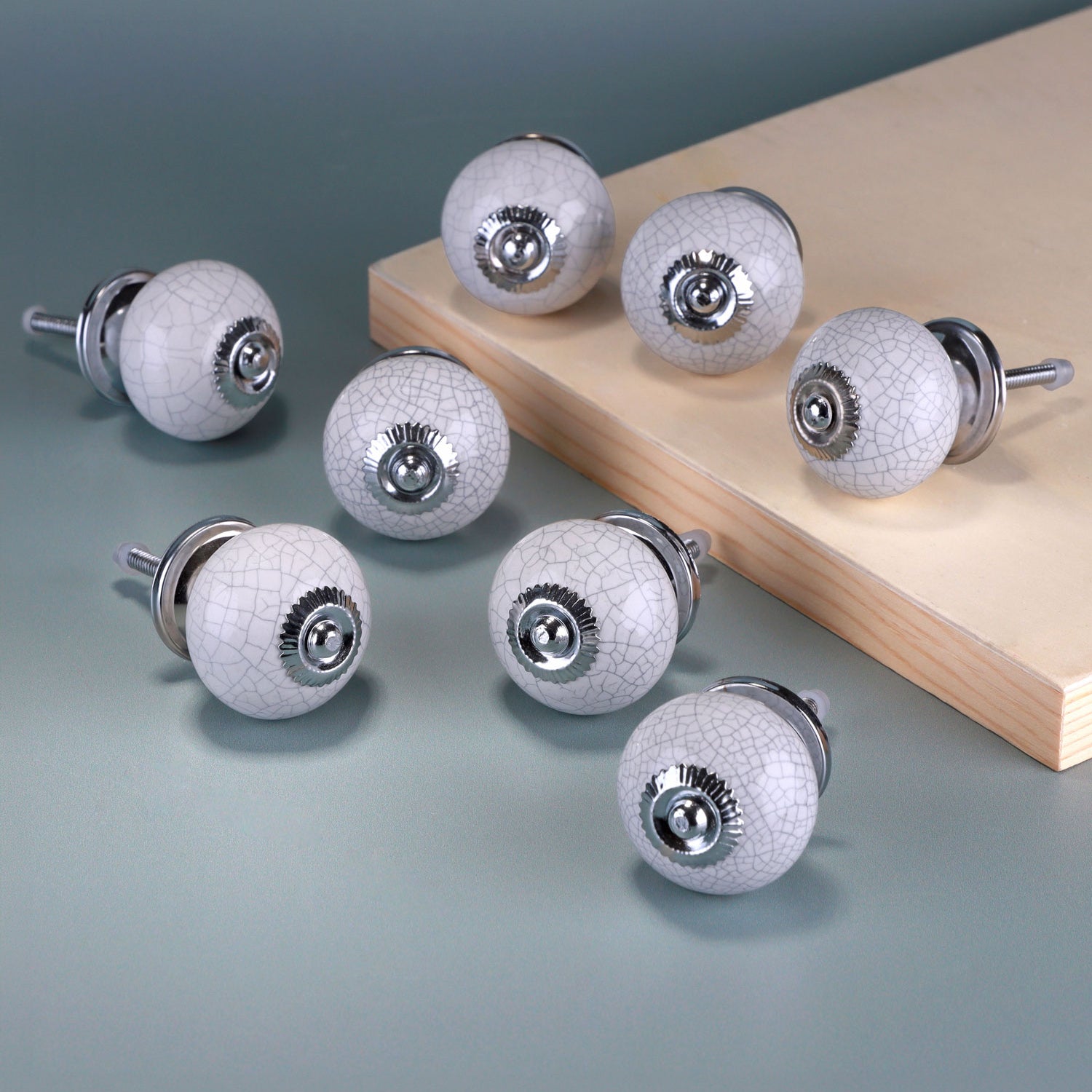 Set of 8 Pure White Crackle Ceramic Door Knobs
