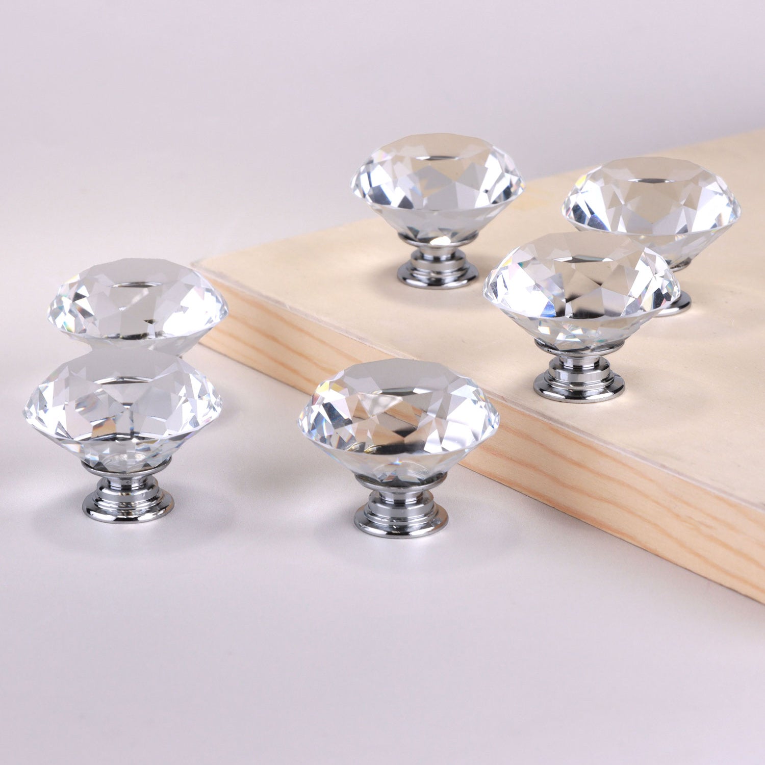 Set of 6 Diamond Shape Diamond-Cut Clear Crystal Glass Door Knobs