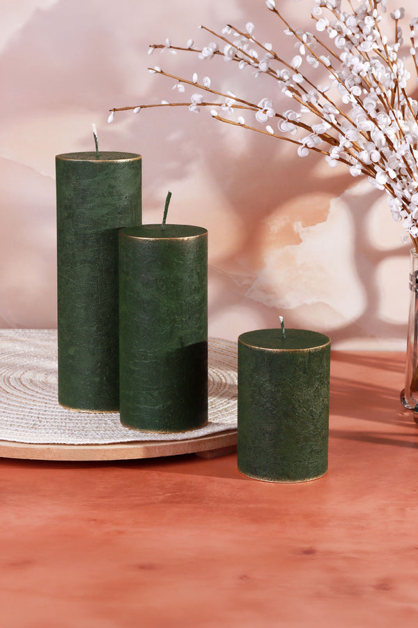 Fern Green and Gold Antique-Style Pillar Candle