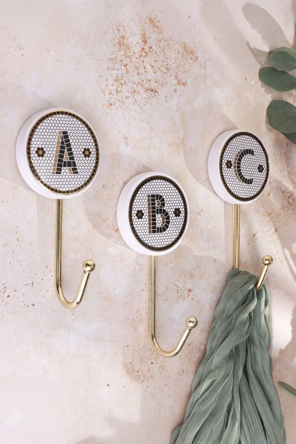 British Pub Tile Black and Gold Monogram Personalised Coat Hook