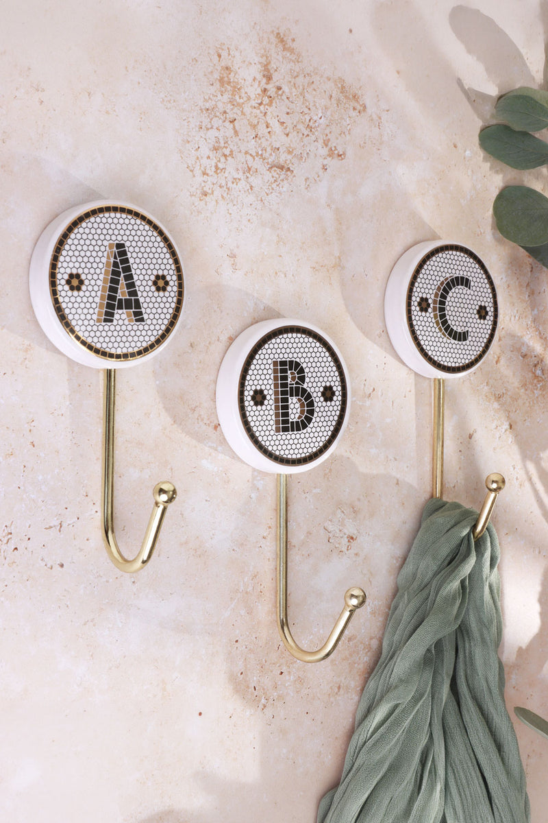 British Pub Tile Black and Gold Monogram Personalised Coat Hook