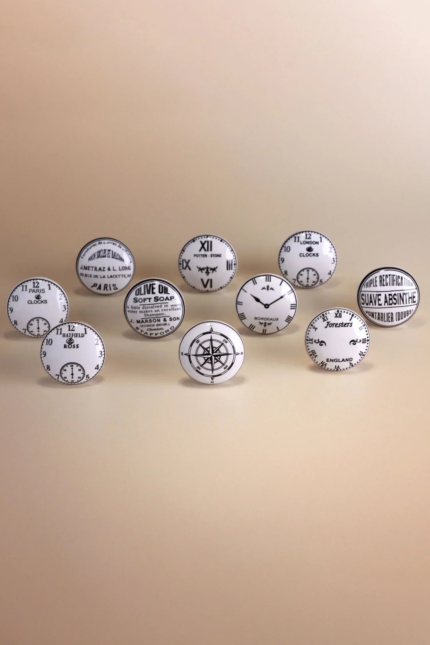 Time Clockmaker Collection Ceramic Cabinet Knobs Set of 10 — lifestyle view, G Decor