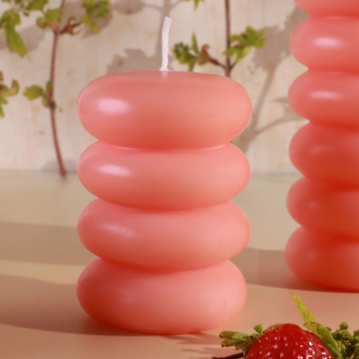Strawberry Lip Balm Scented Pebble Bubble Stack Sculptural Pillar Candle