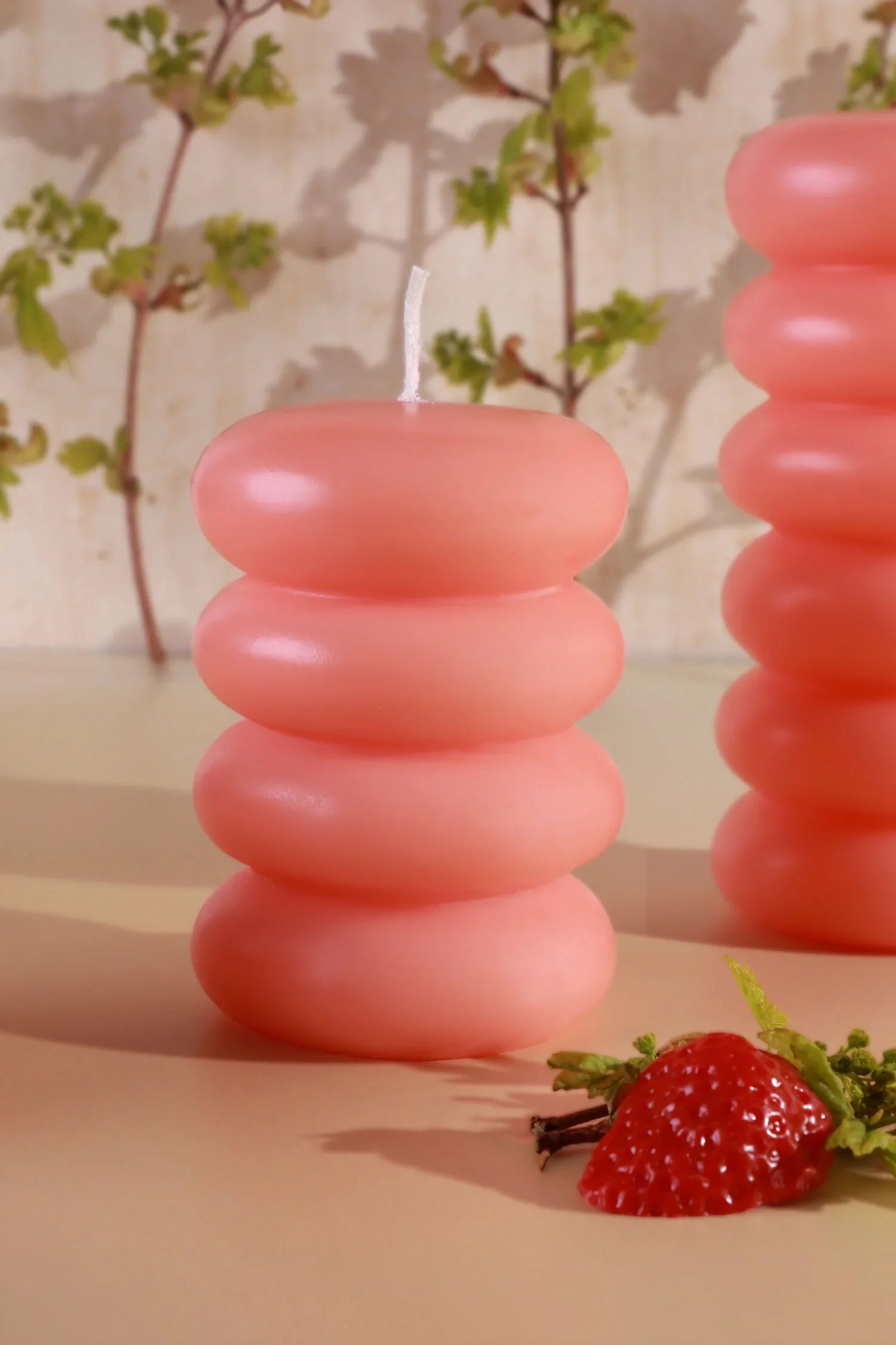 Strawberry Lip Balm Pebble Bubble Stack Sculptural Pillar Candle — lifestyle view, G Decor