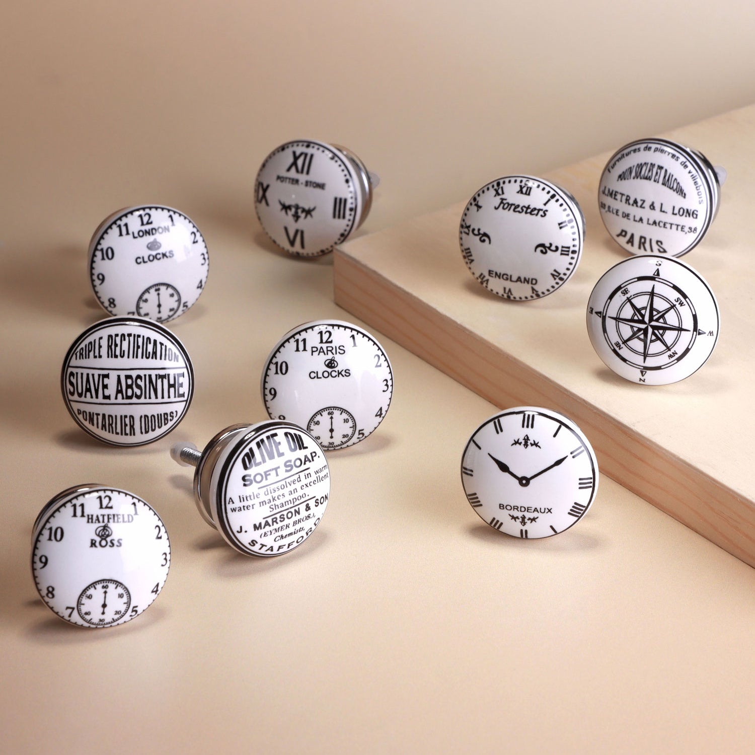Set of 10 The Time Clockmaker Collection Ceramic Door Knobs