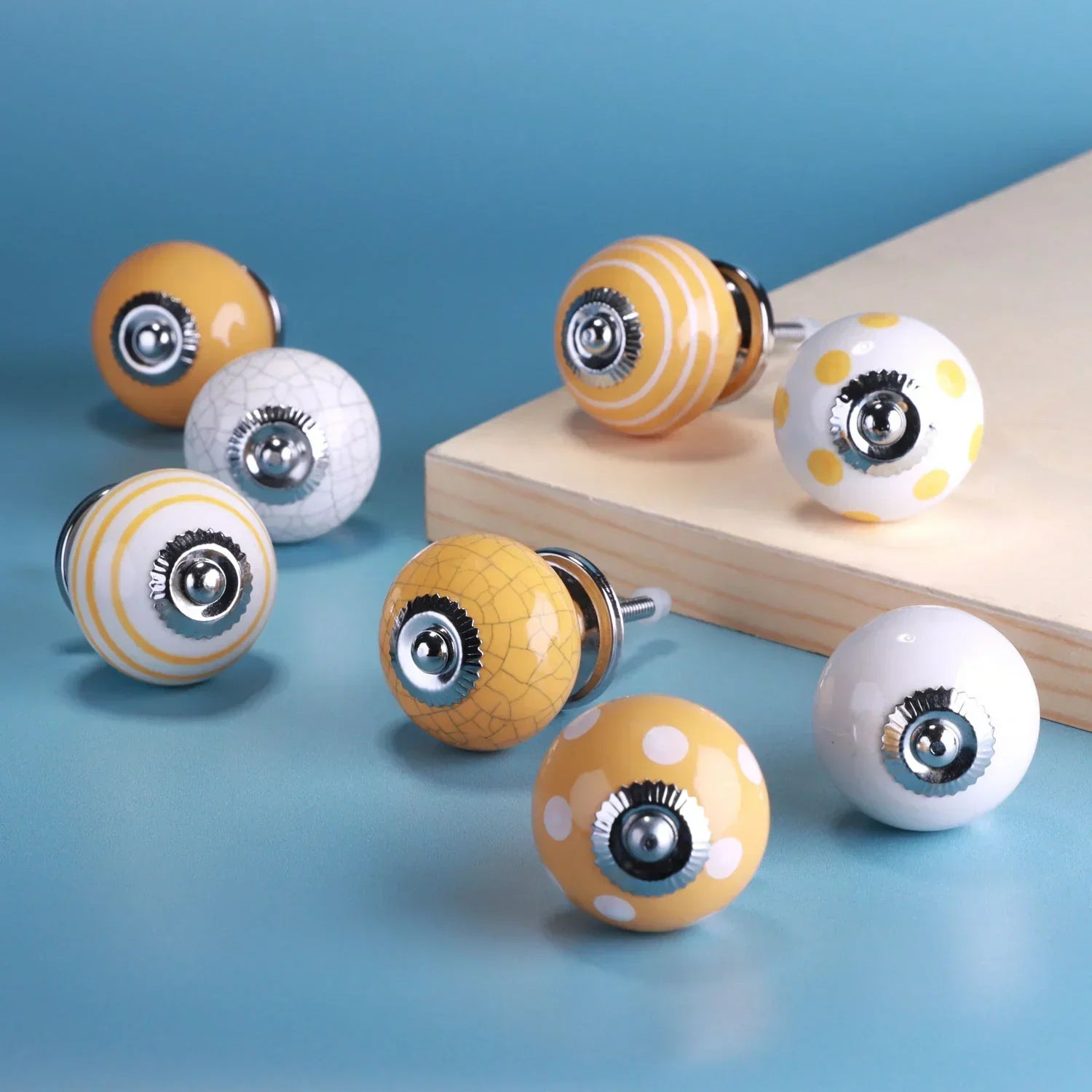 Set of 8 Sunny Yellow Handcrafted & Hand-Painted Ceramic Door Knobs