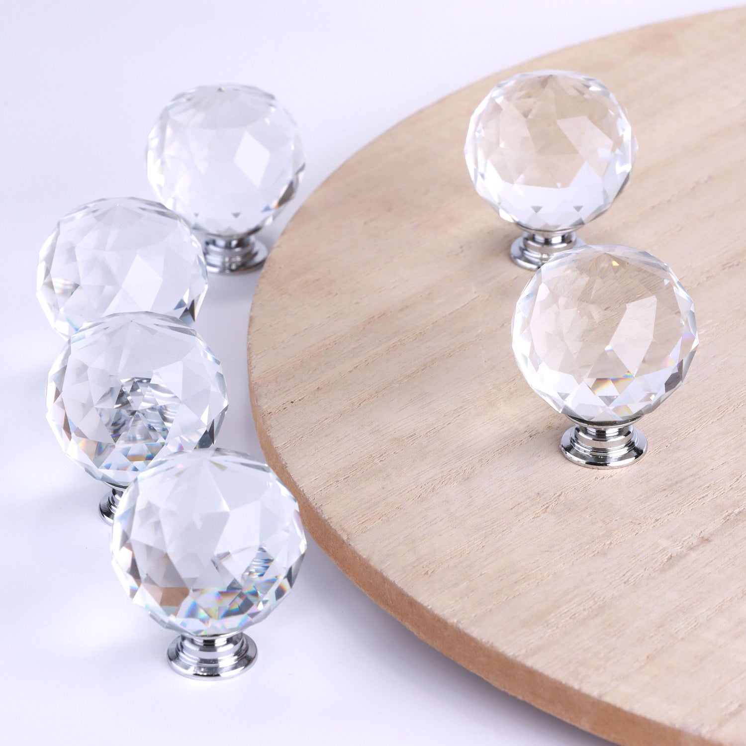 Set of 6 Round Diamond-Cut Clear Solid Crystal Glass Light-Reflecting Door Knobs