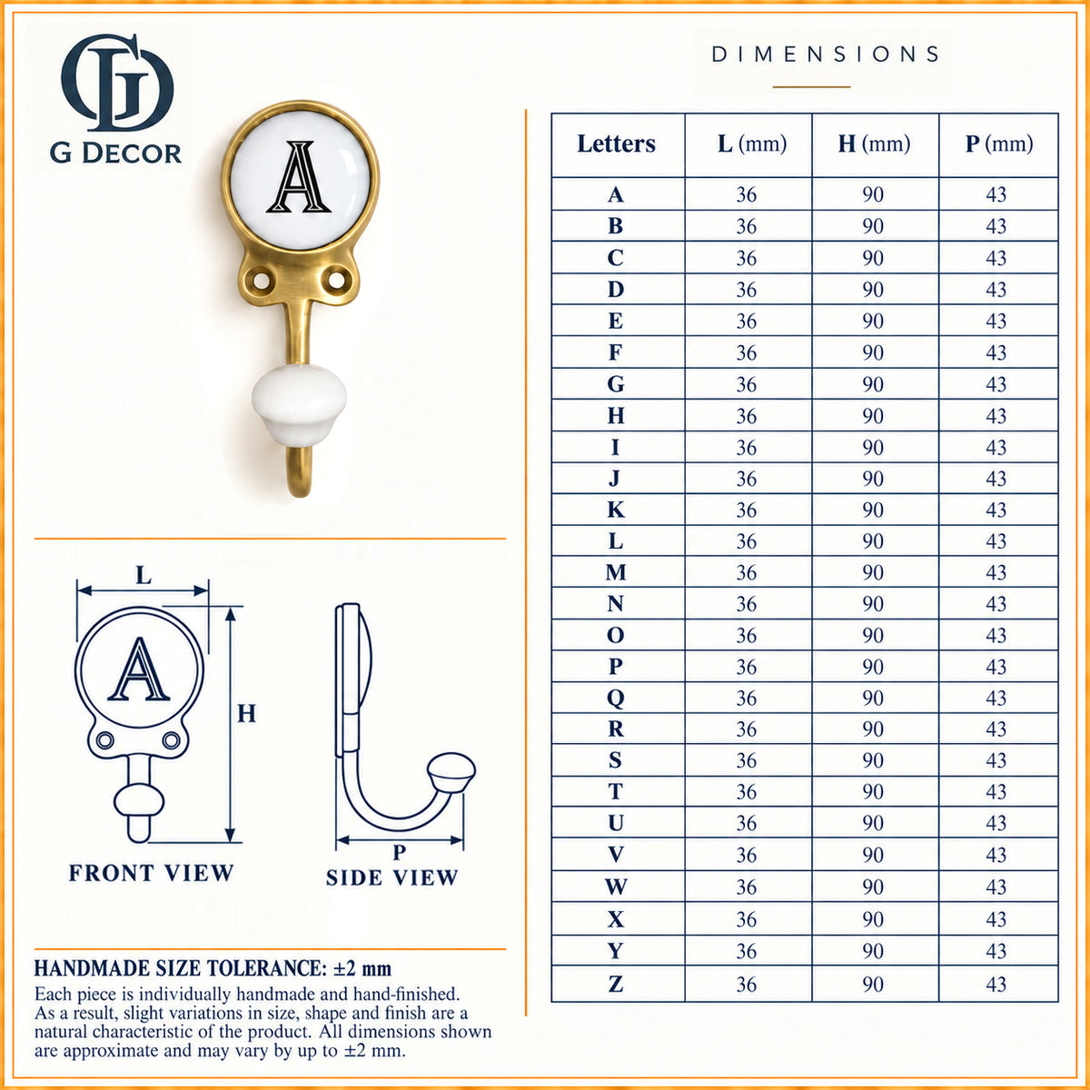 Size drawing of the ceramic letter hook: 36 mm (1.42 in) wide, 90 mm (3.54 in) tall, sticks out 43 mm (1.69 in) from the wall; the same size for every letter A to Z