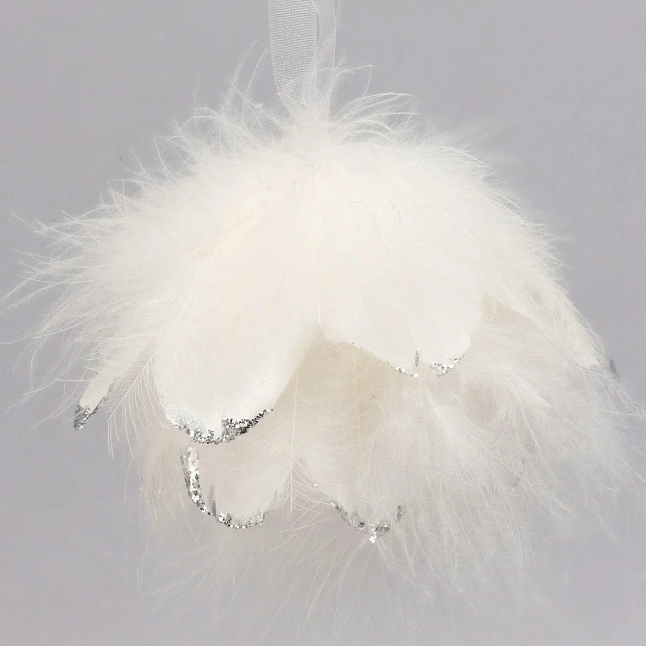 White Feather Christmas Tree Bauble with Silver Glitter Tips Fluffy Hanging Ornament - G Decor