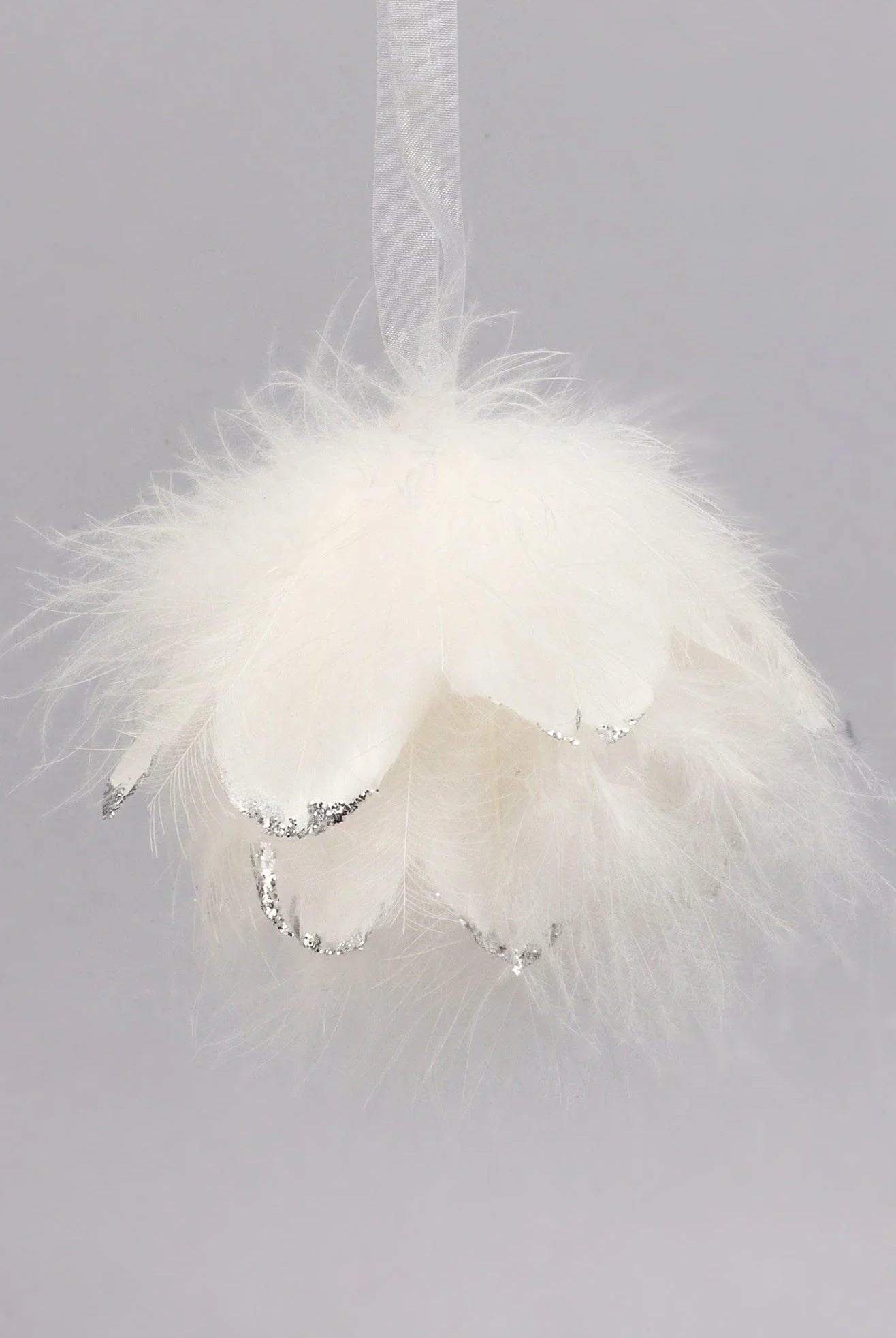 White Feather Christmas Tree Bauble with Silver Glitter Tips Fluffy Hanging Ornament - G Decor