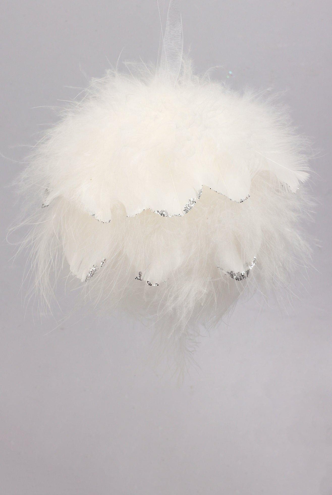 White Feather Christmas Tree Bauble with Silver Glitter Tips Fluffy Hanging Ornament - G Decor