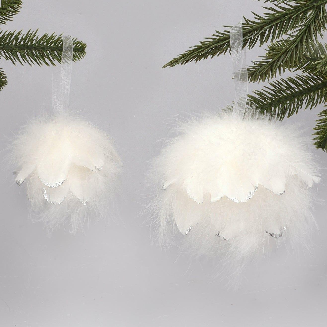 White Feather Christmas Tree Bauble with Silver Glitter Tips Fluffy Hanging Ornament - G Decor