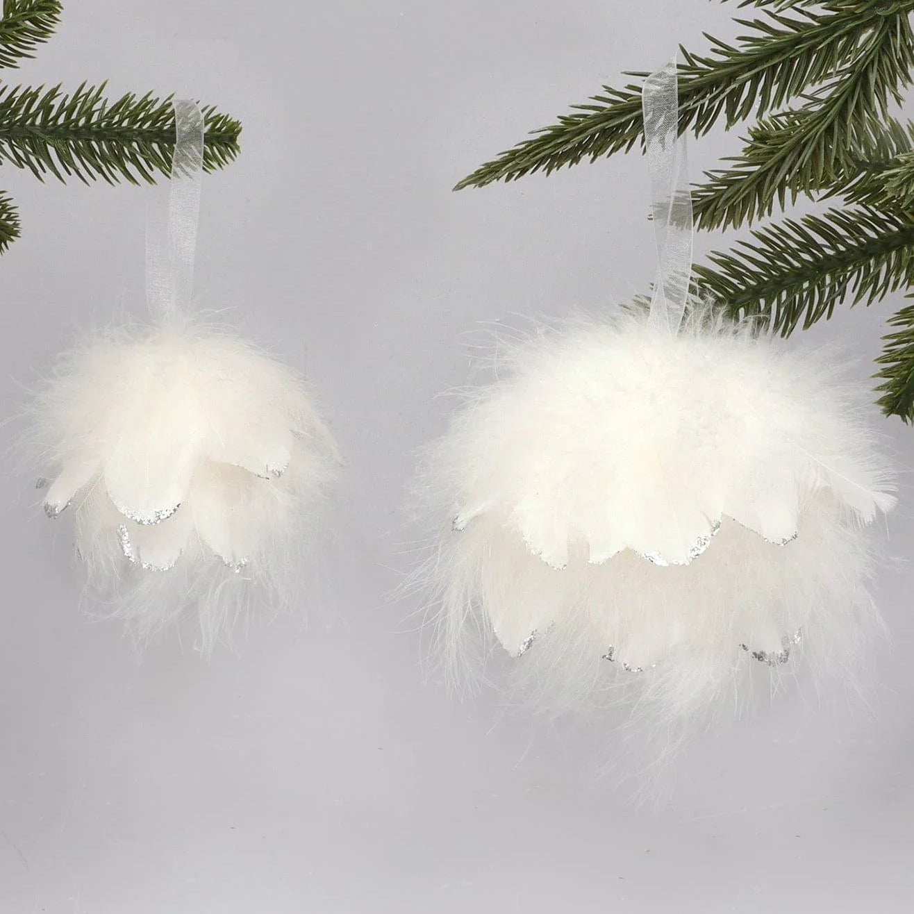 White Feather Christmas Tree Bauble with Silver Glitter Tips Fluffy Hanging Ornament - G Decor