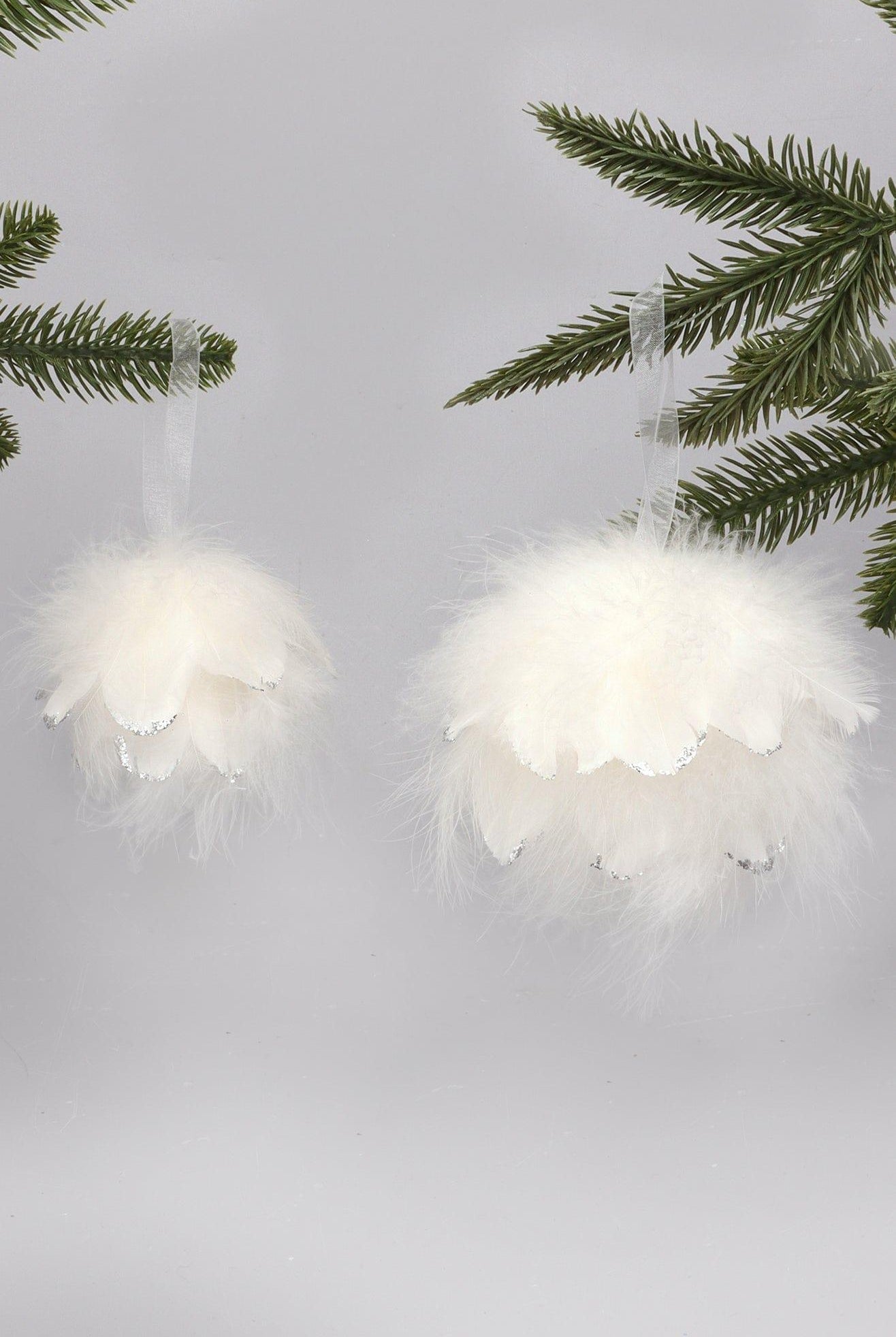 White Feather Christmas Tree Bauble with Silver Glitter Tips Fluffy Hanging Ornament - G Decor