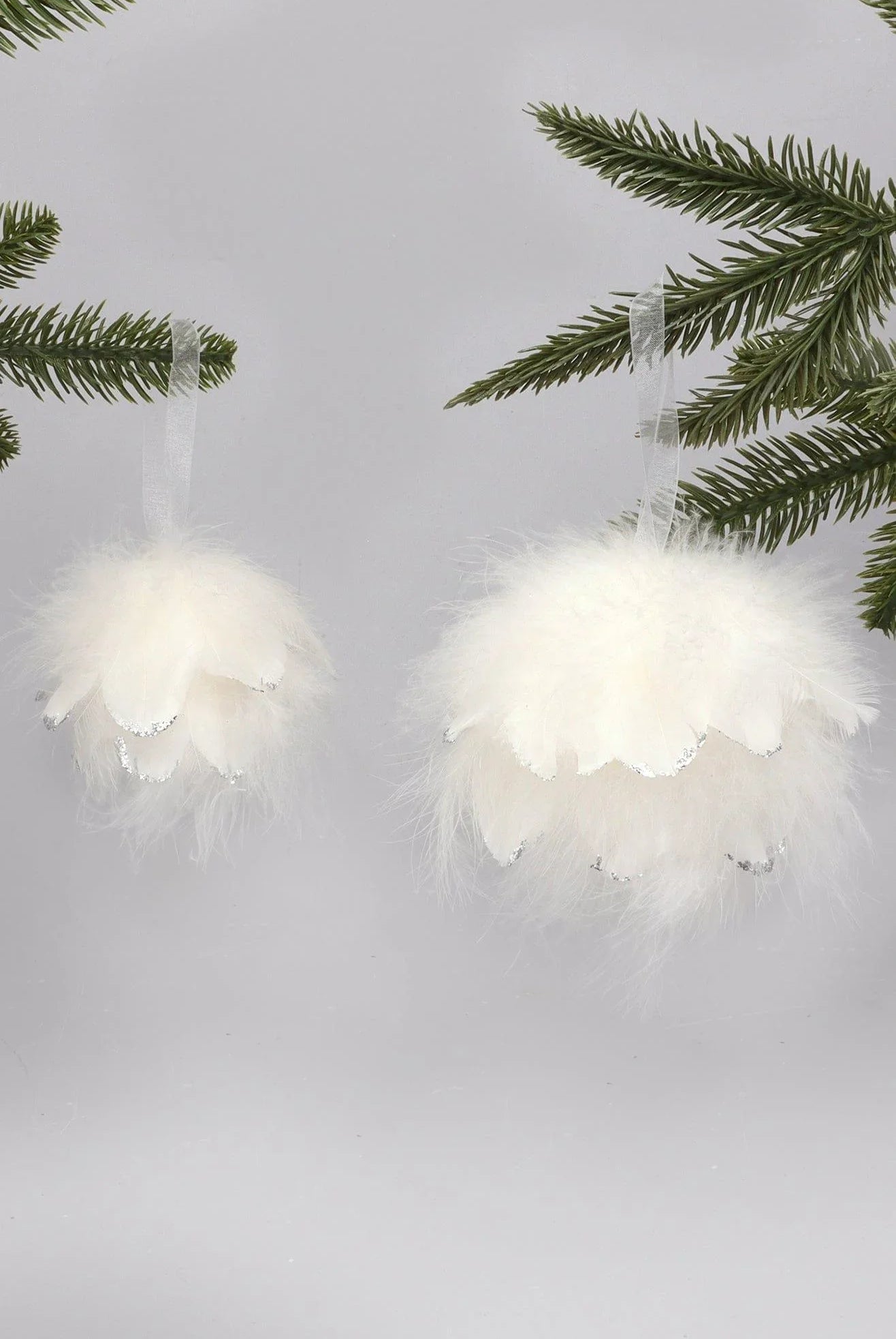 White Feather Christmas Tree Bauble with Silver Glitter Tips Fluffy Hanging Ornament - G Decor