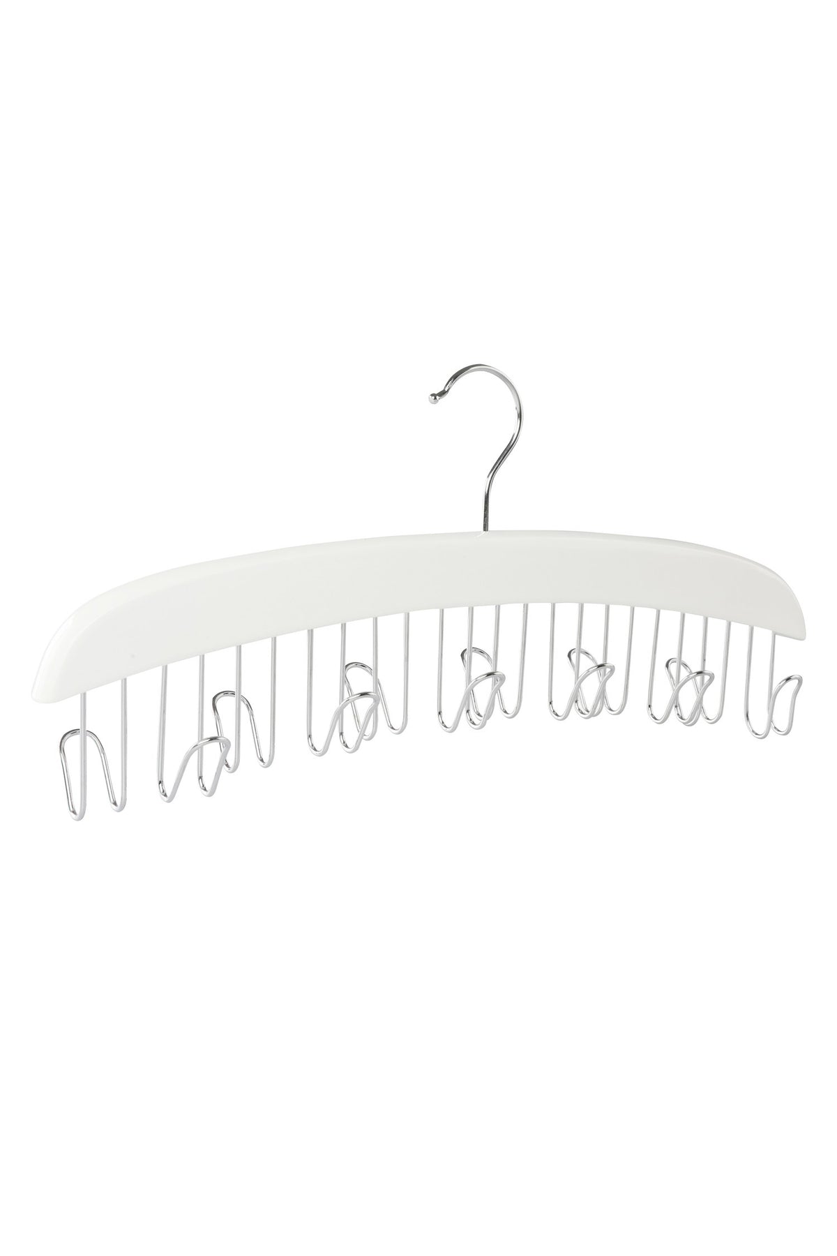 White wooden belt hanger with a row of metal hooks under the bar and a metal hanging hook