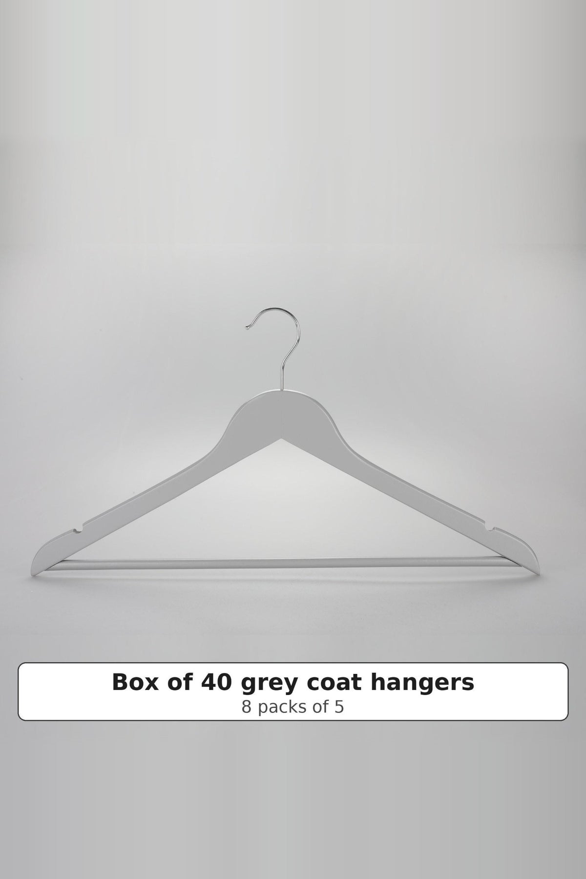 Grey wooden coat hanger with a trouser bar and strap notches, sold as a box of 40 (8 packs of 5)