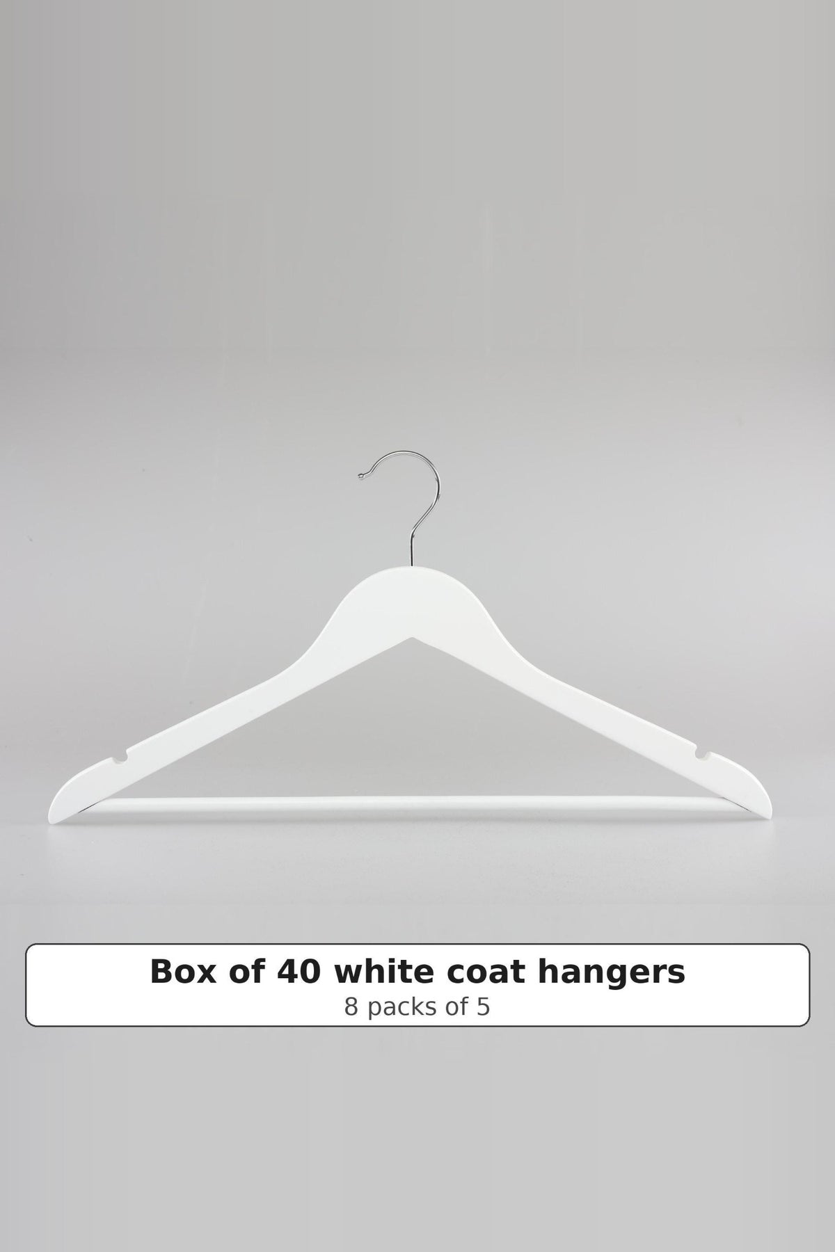 White wooden coat hanger with a trouser bar and strap notches, sold as a box of 40 (8 packs of 5)