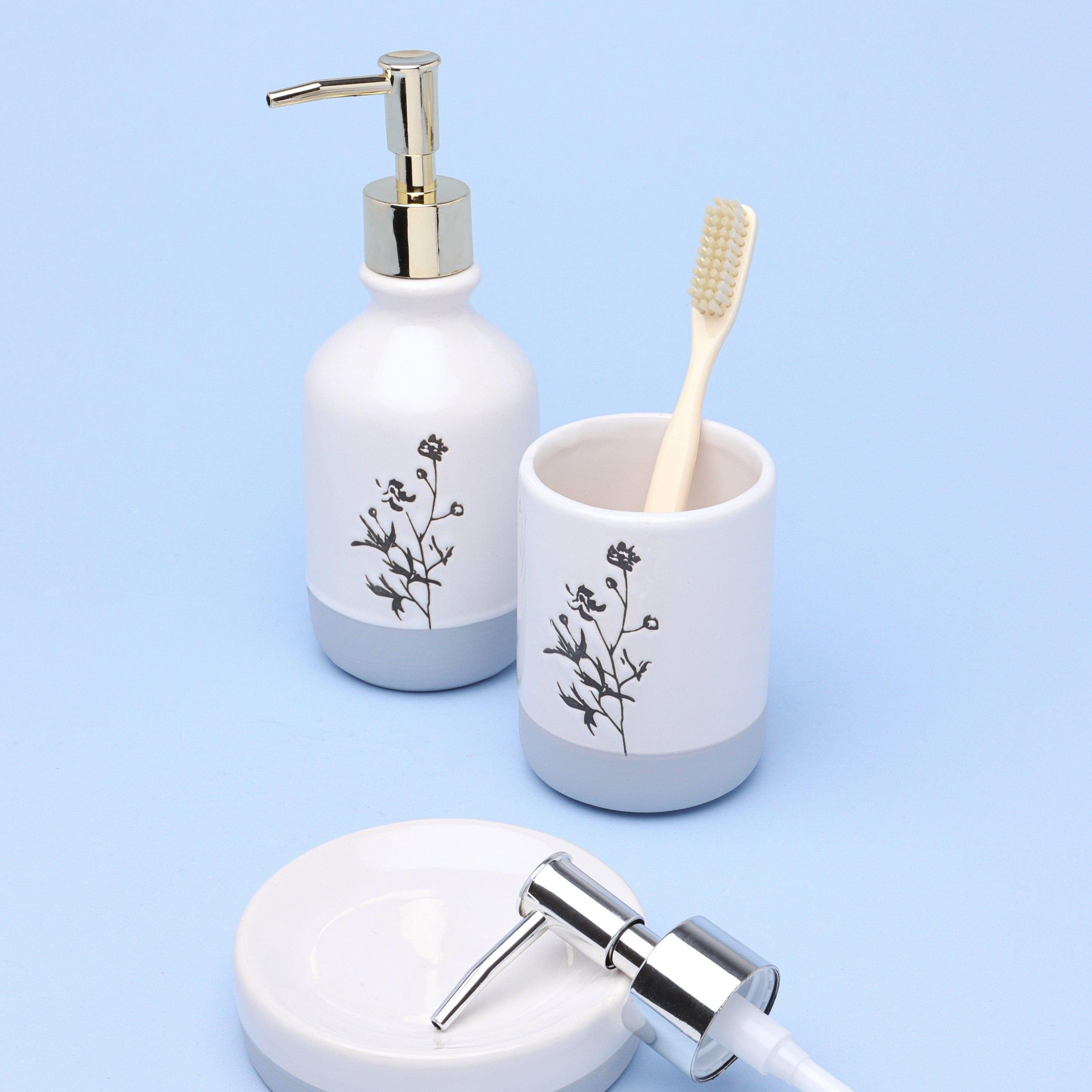 3-Piece White Cream Gold + Chrome Bathroom Set Artistic Flowers - G Decor