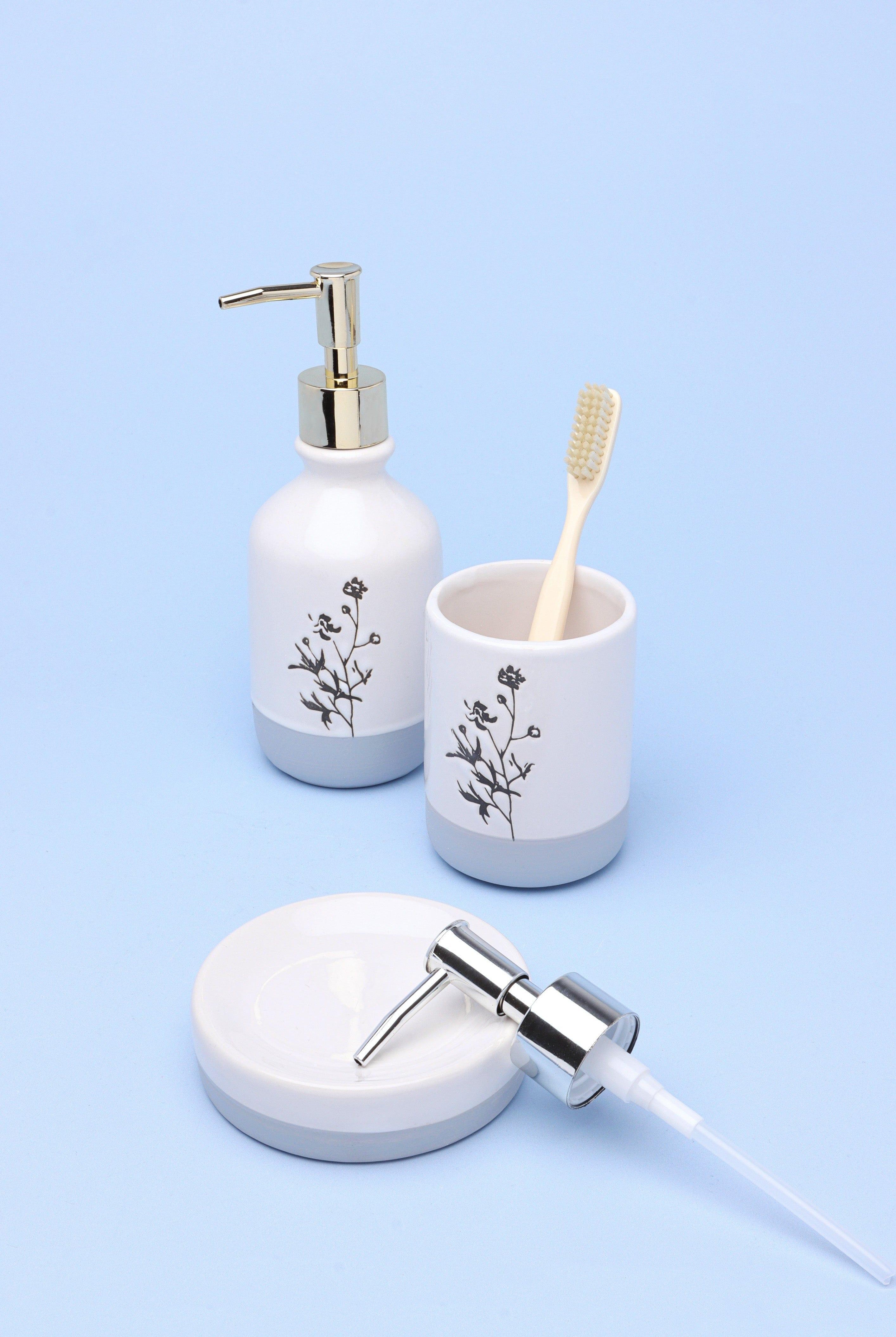 3-Piece White Cream Gold + Chrome Bathroom Set Artistic Flowers - G Decor