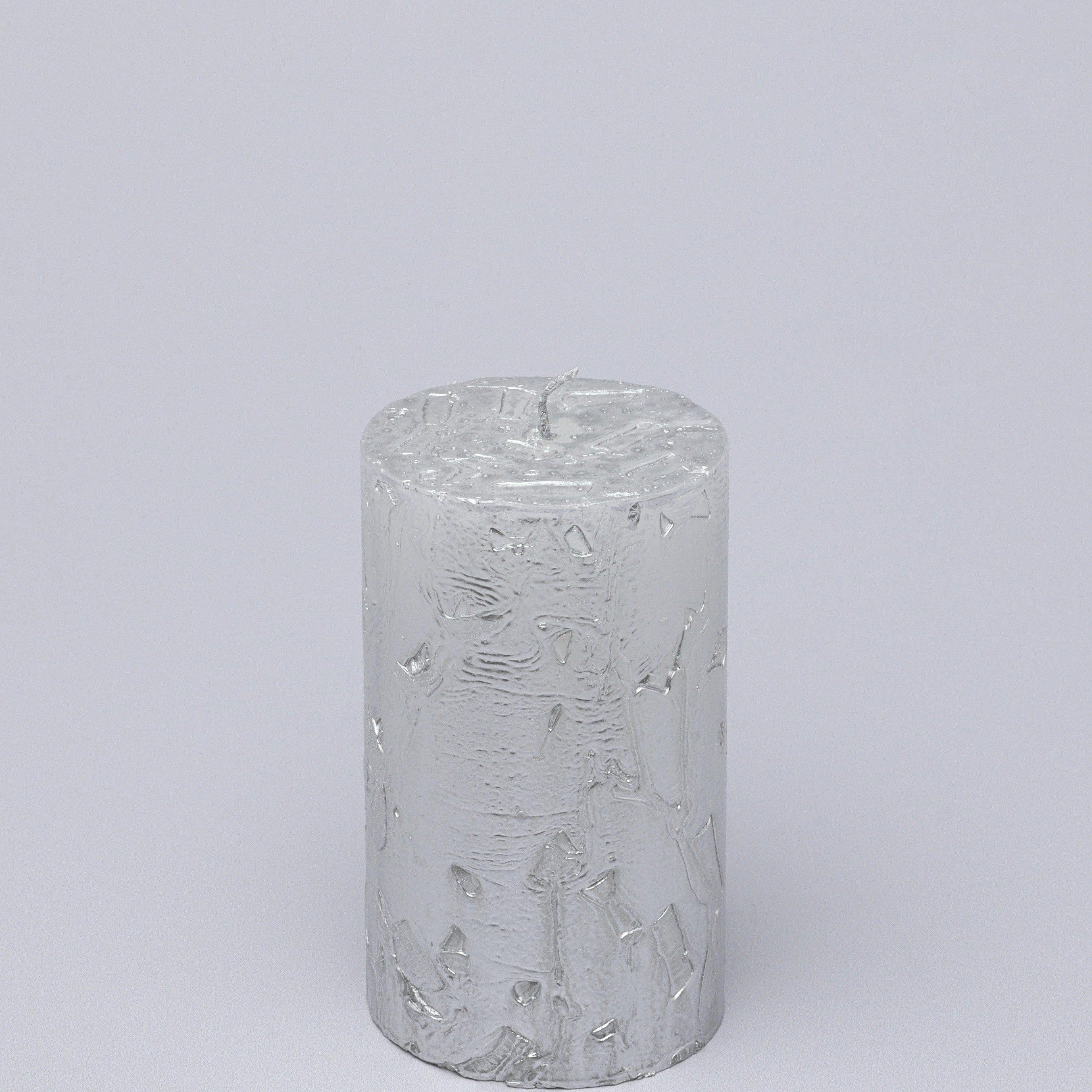 Adelle Silver Veil Signature Waxwork Pillar Candle in Frosted Metallic Grey - G Decor