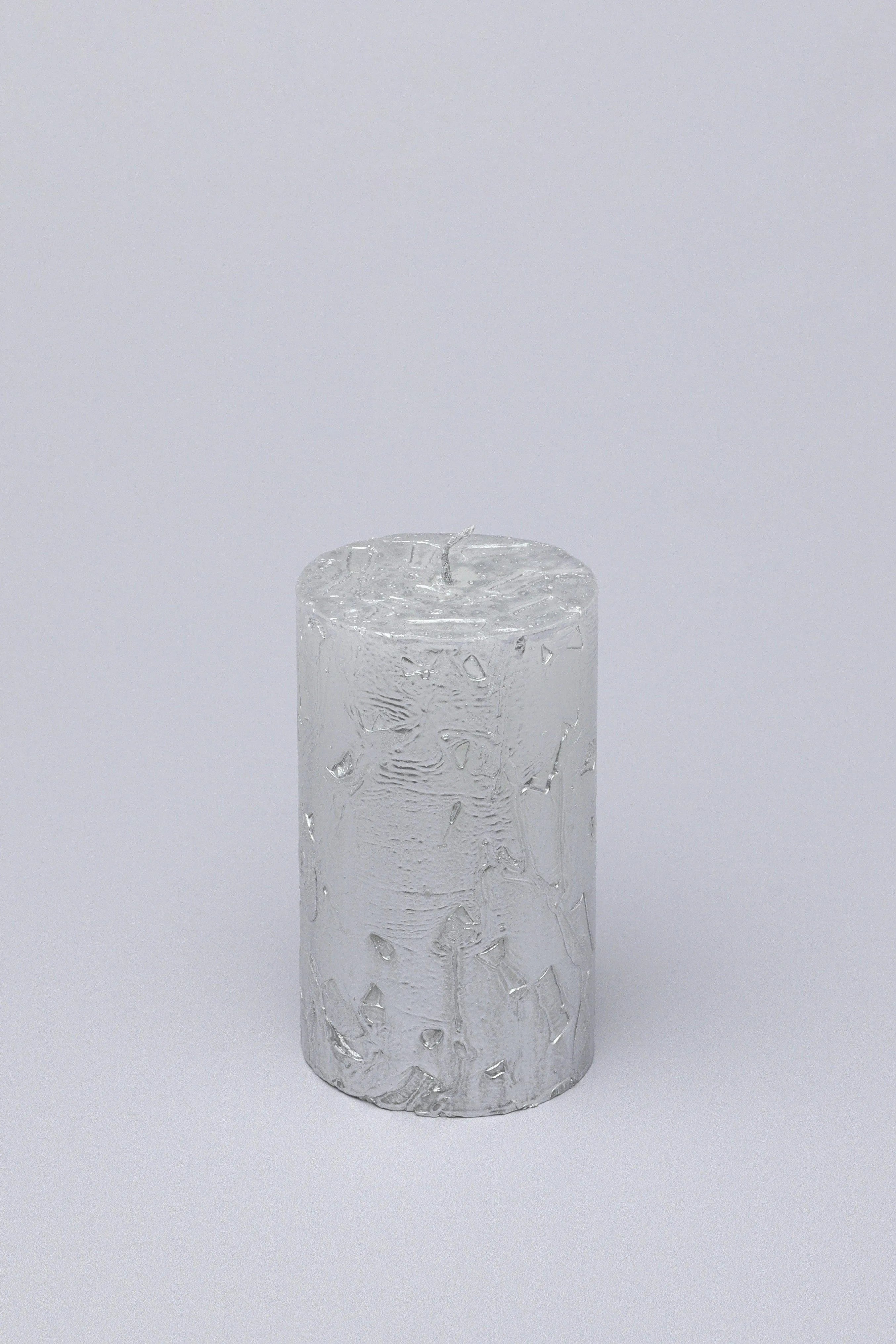 Adelle Silver Veil Signature Waxwork Pillar Candle in Frosted Metallic Grey - G Decor