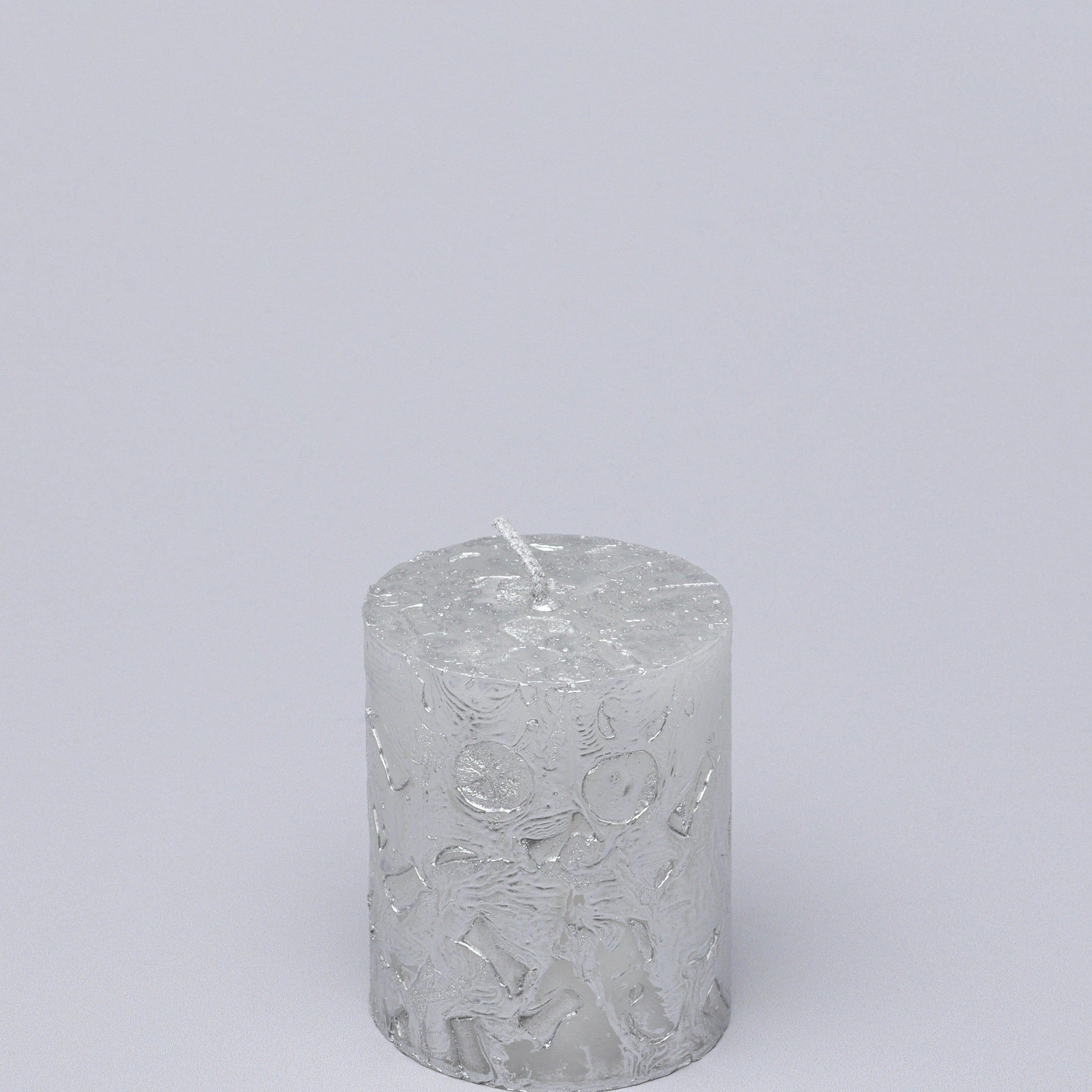 Adelle Silver Veil Signature Waxwork Pillar Candle in Frosted Metallic Grey - G Decor