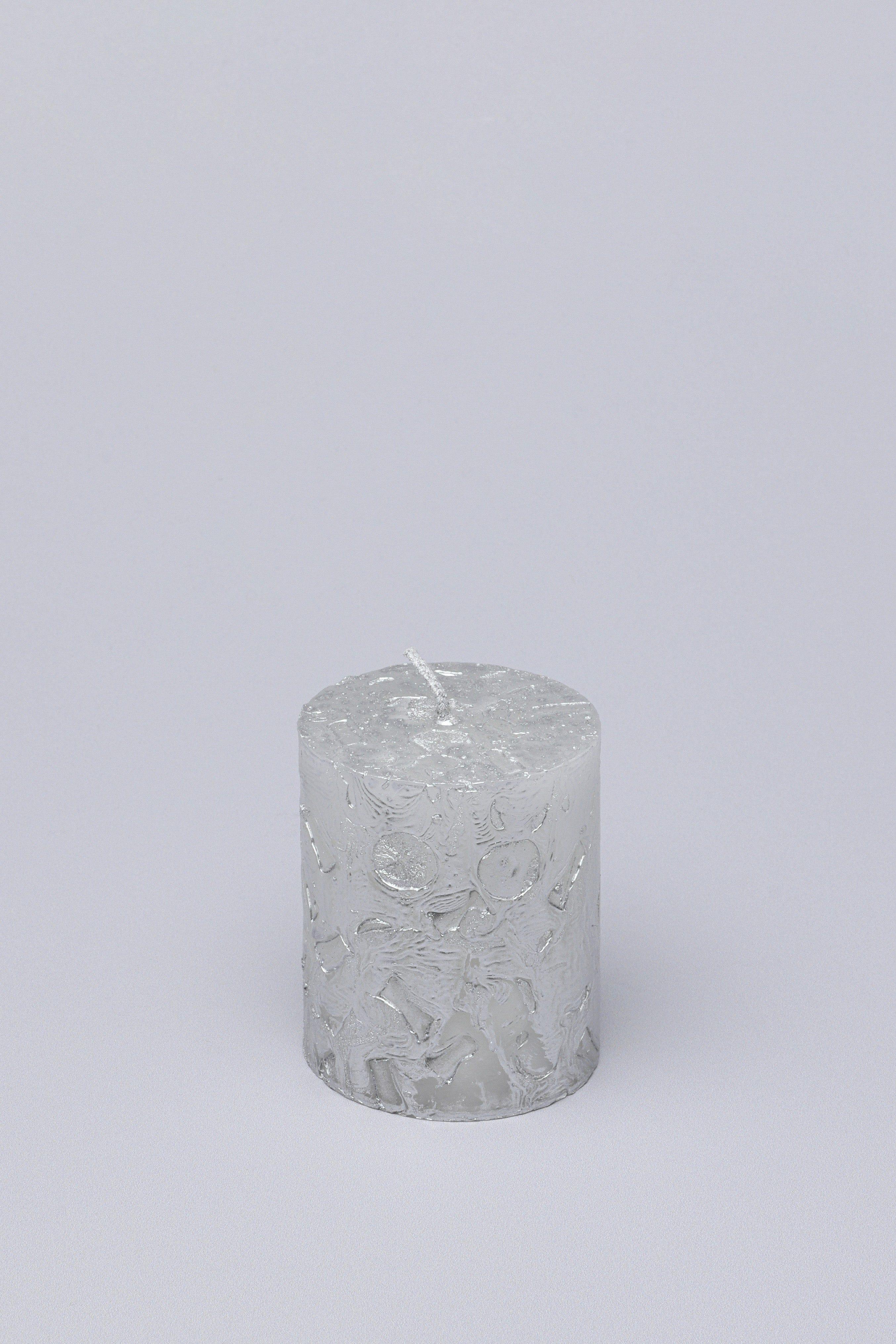 Adelle Silver Veil Signature Waxwork Pillar Candle in Frosted Metallic Grey - G Decor