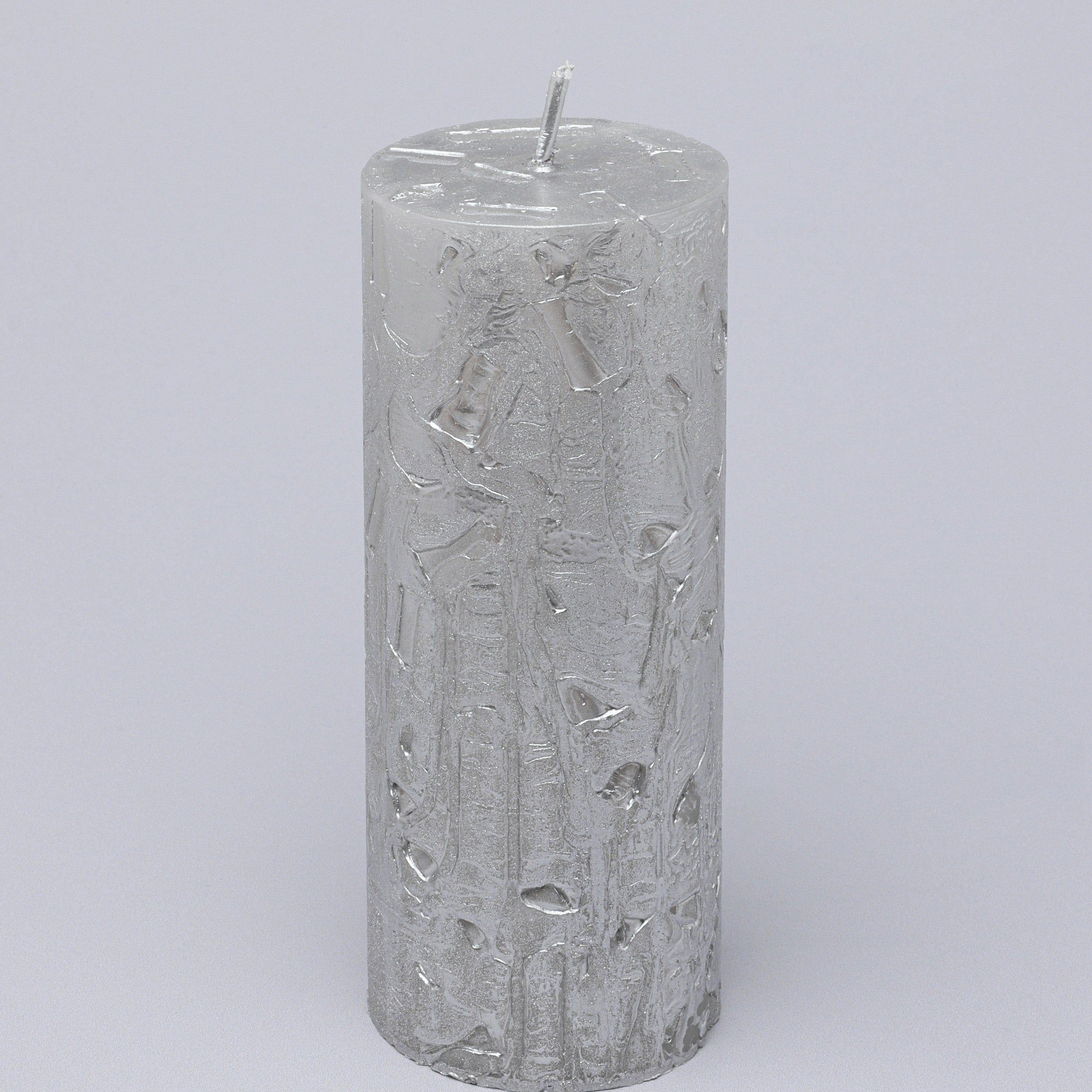 Adelle Silver Veil Signature Waxwork Pillar Candle in Frosted Metallic Grey - G Decor