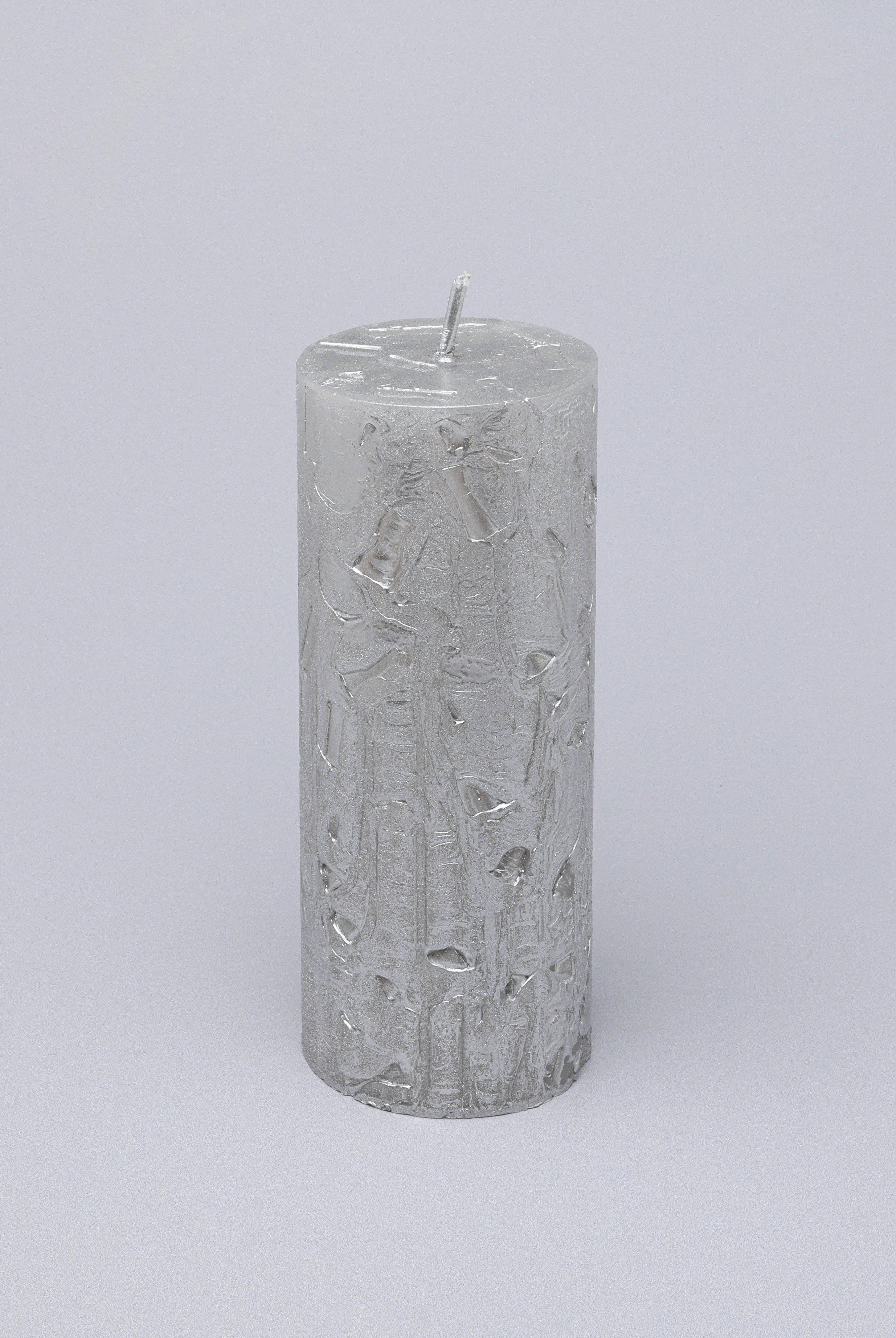 Adelle Silver Veil Signature Waxwork Pillar Candle in Frosted Metallic Grey - G Decor