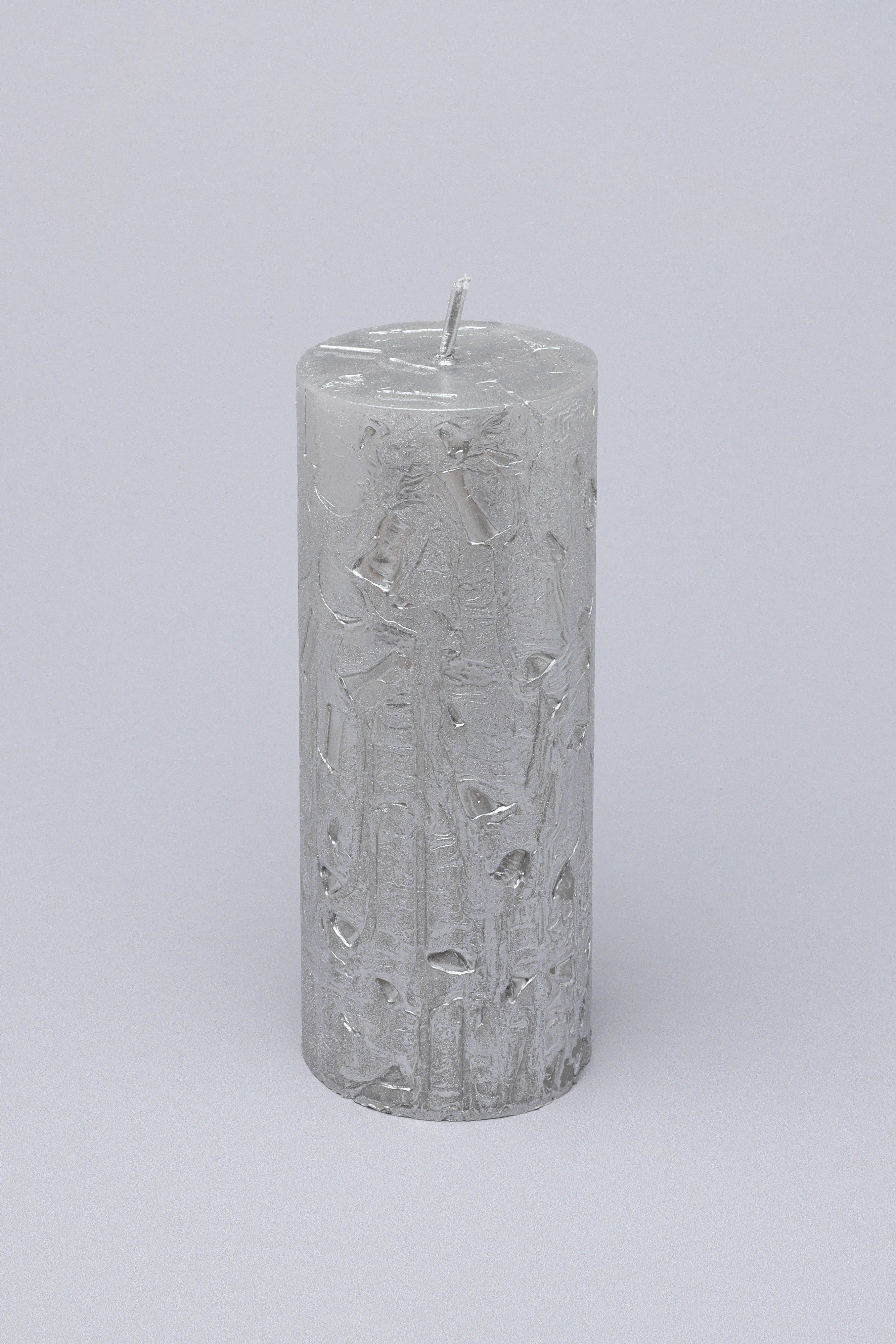 Adelle Silver Veil Signature Waxwork Pillar Candle in Frosted Metallic Grey - G Decor