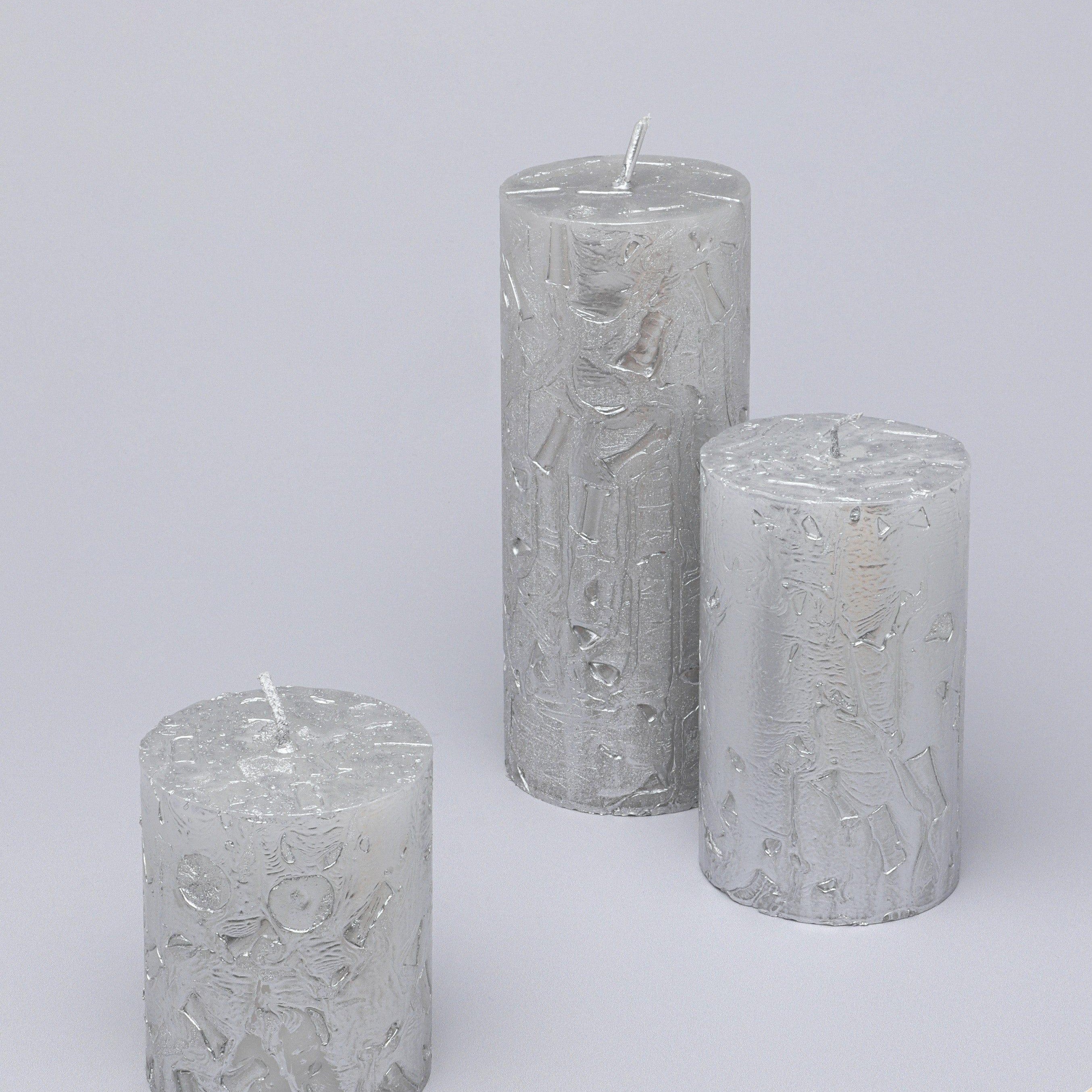 Adelle Silver Veil Signature Waxwork Pillar Candle in Frosted Metallic Grey - G Decor